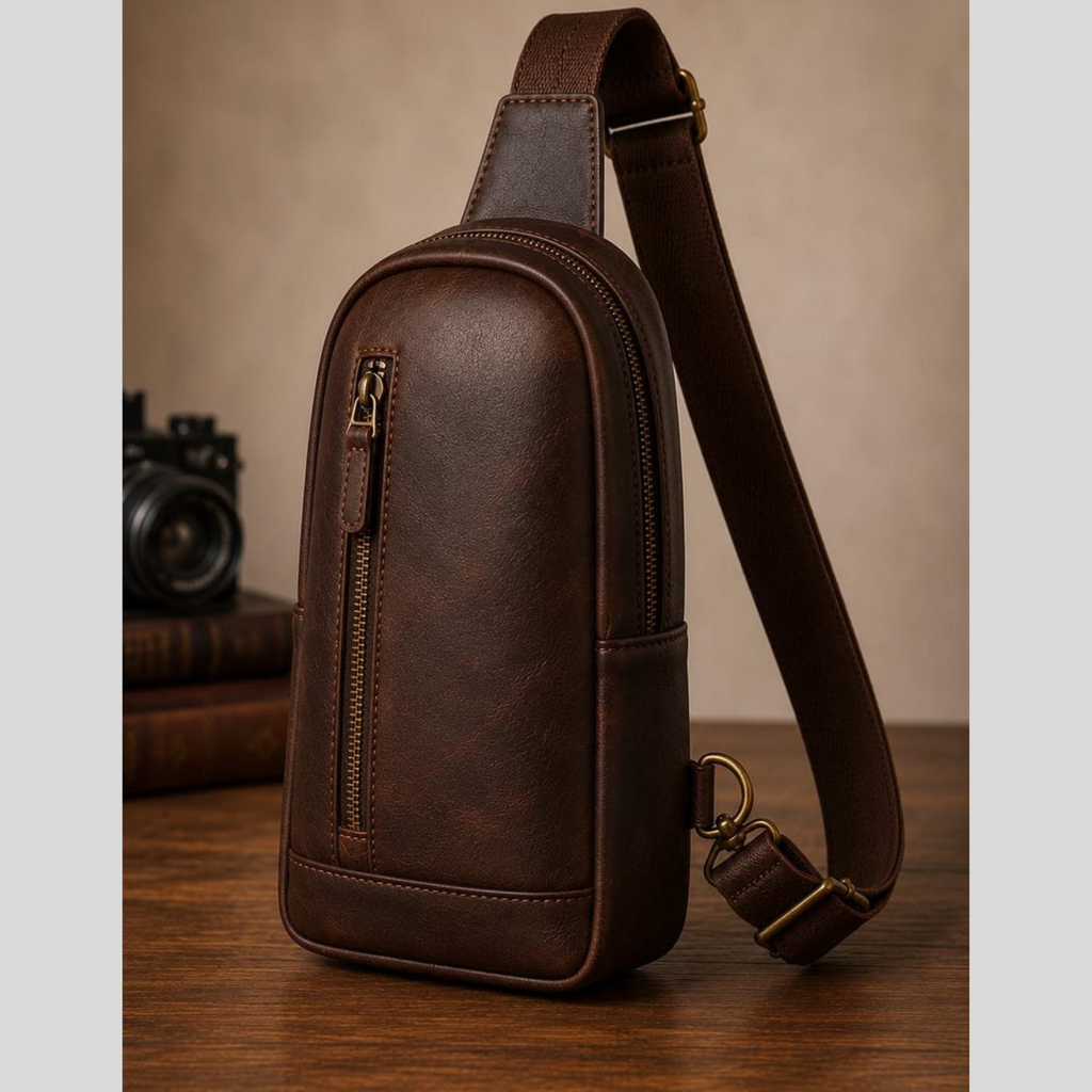 Leather sling bag side profile with long shoulder strap