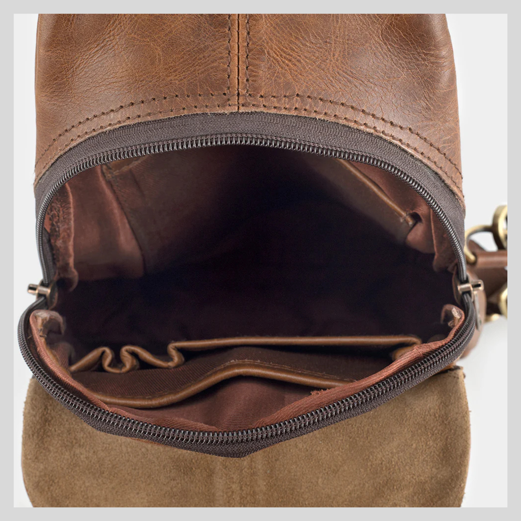 Light brown leather sling bag rear zipper pocket