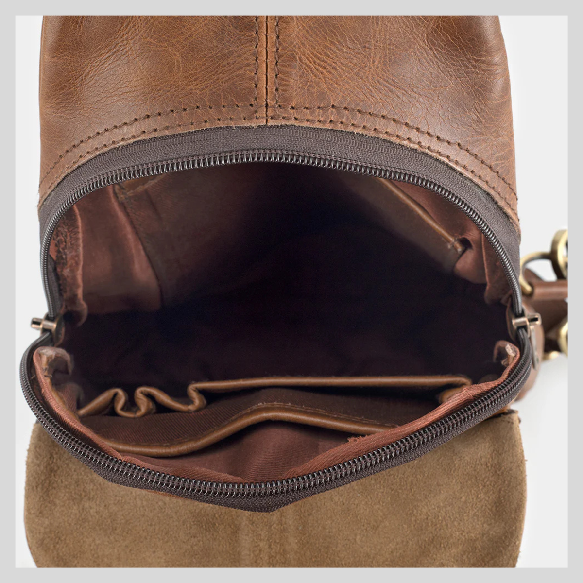 Light brown leather sling bag rear zipper pocket
