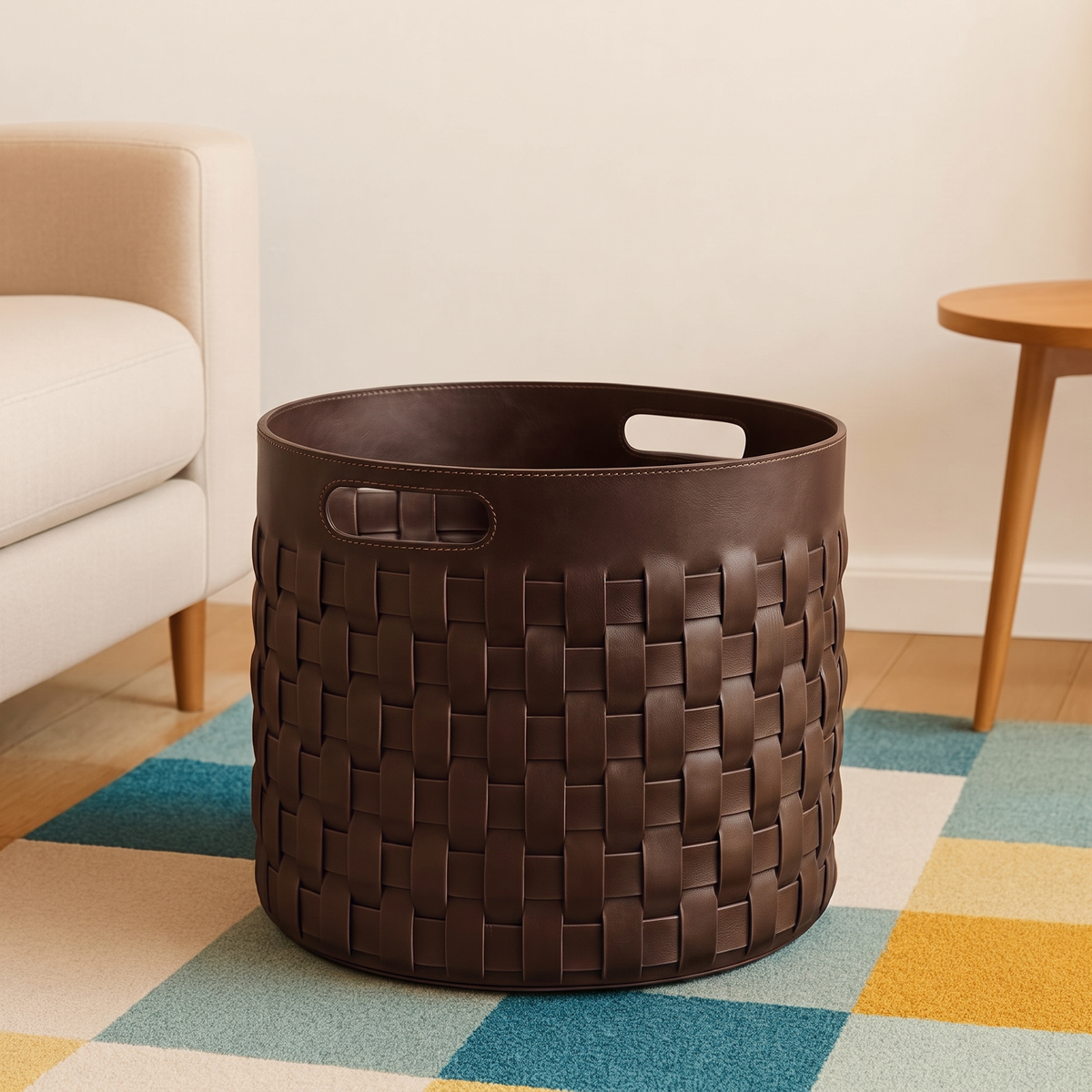 Dark Brown Handwoven Full-Grain Leather Storage Basket