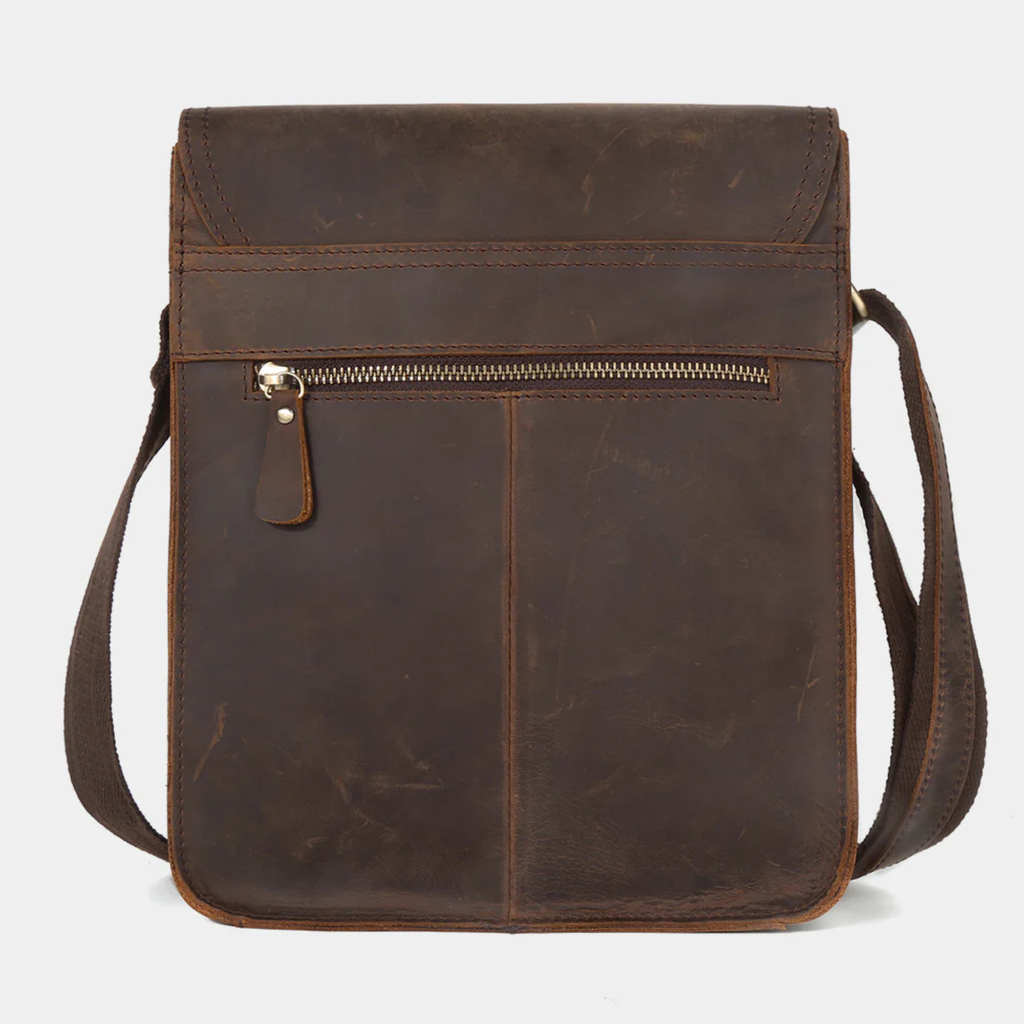  Dark Brown leather sling bag rear view with zipper pocket