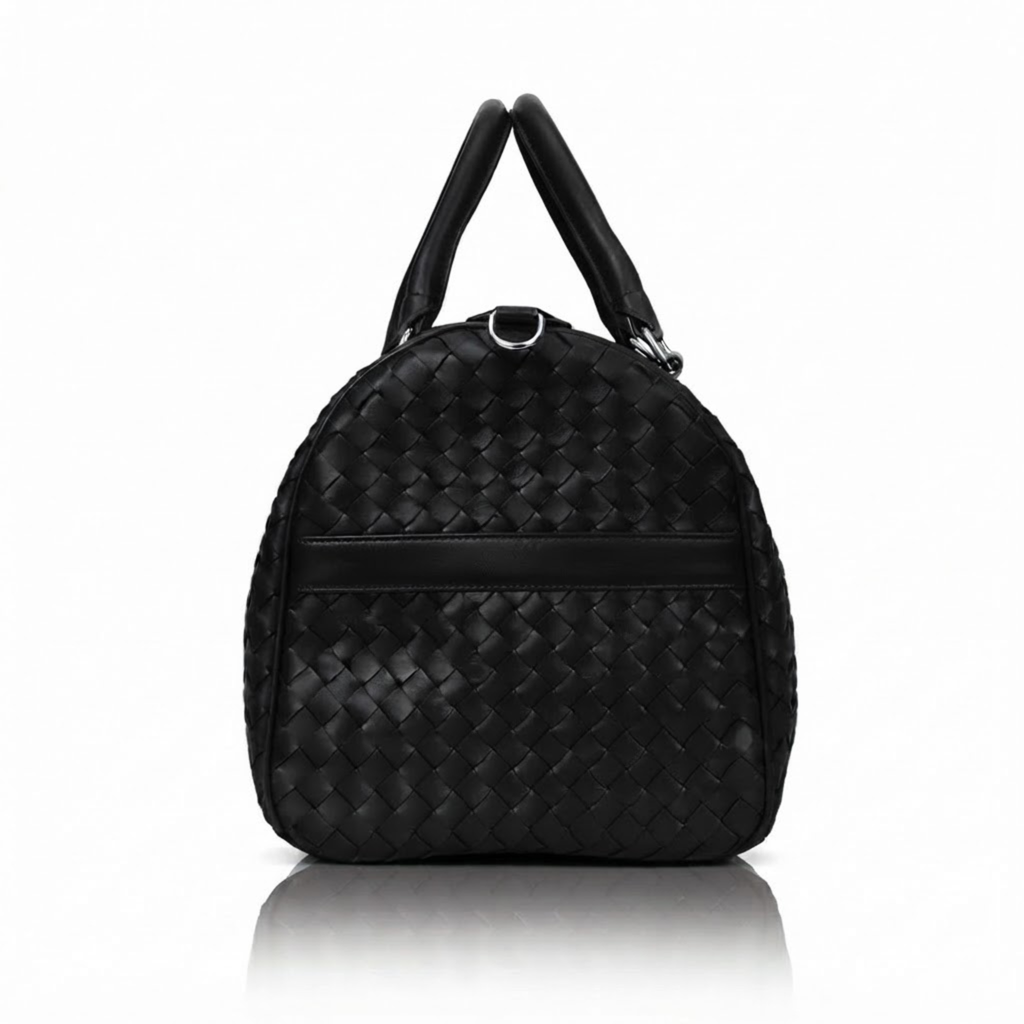 Black Intrecciato Full-Grain Cowhide Leather Weekender Duffle Bag