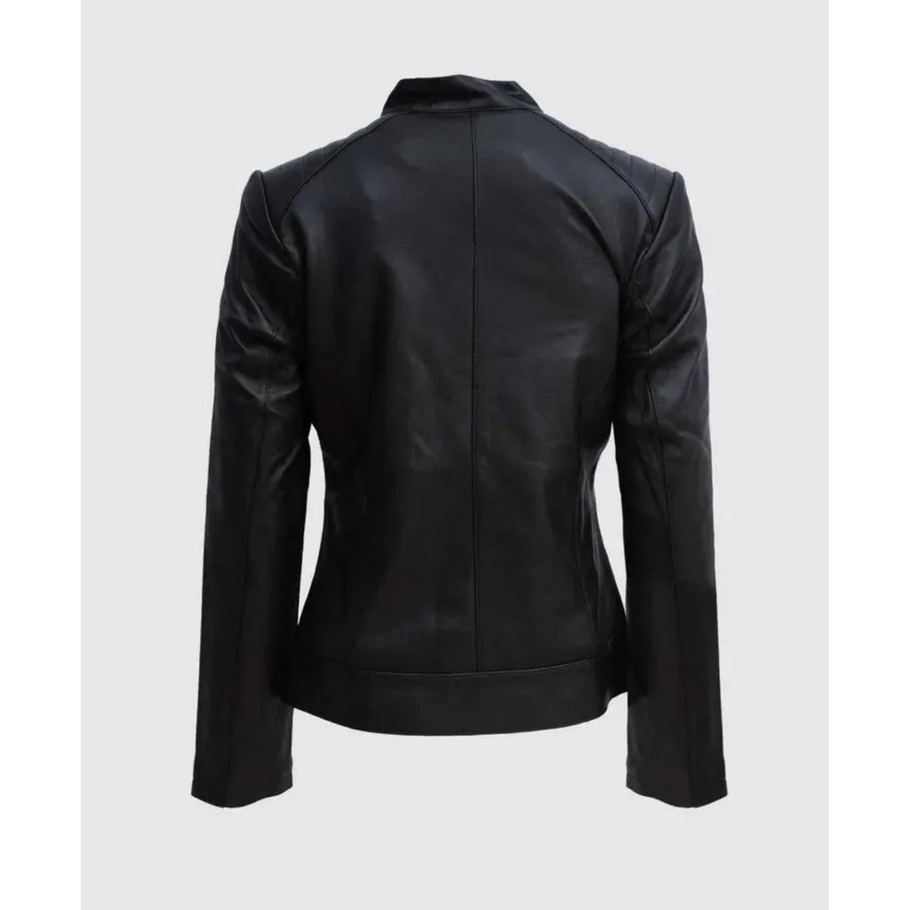 Women's Black Leather Biker Jacket - Genuine Sheepskin Draped Collar Moto Coat The Leather Syndicate