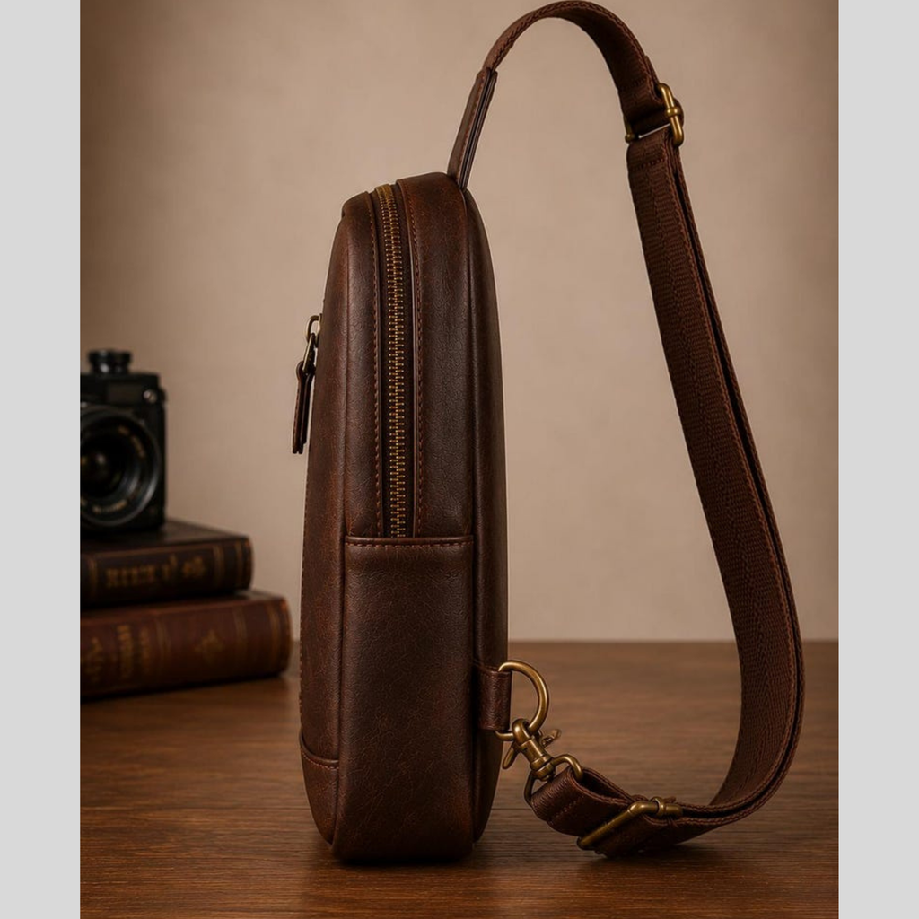 Leather sling bag side profile with long shoulder strap