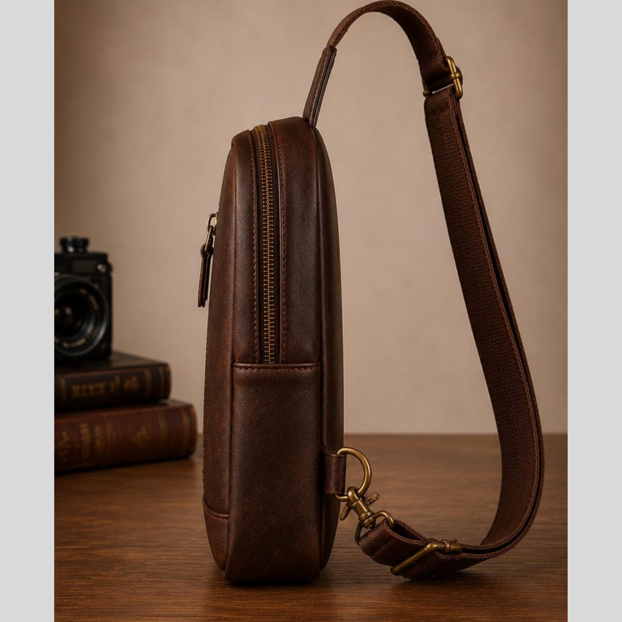 Leather sling bag side profile with long shoulder strap