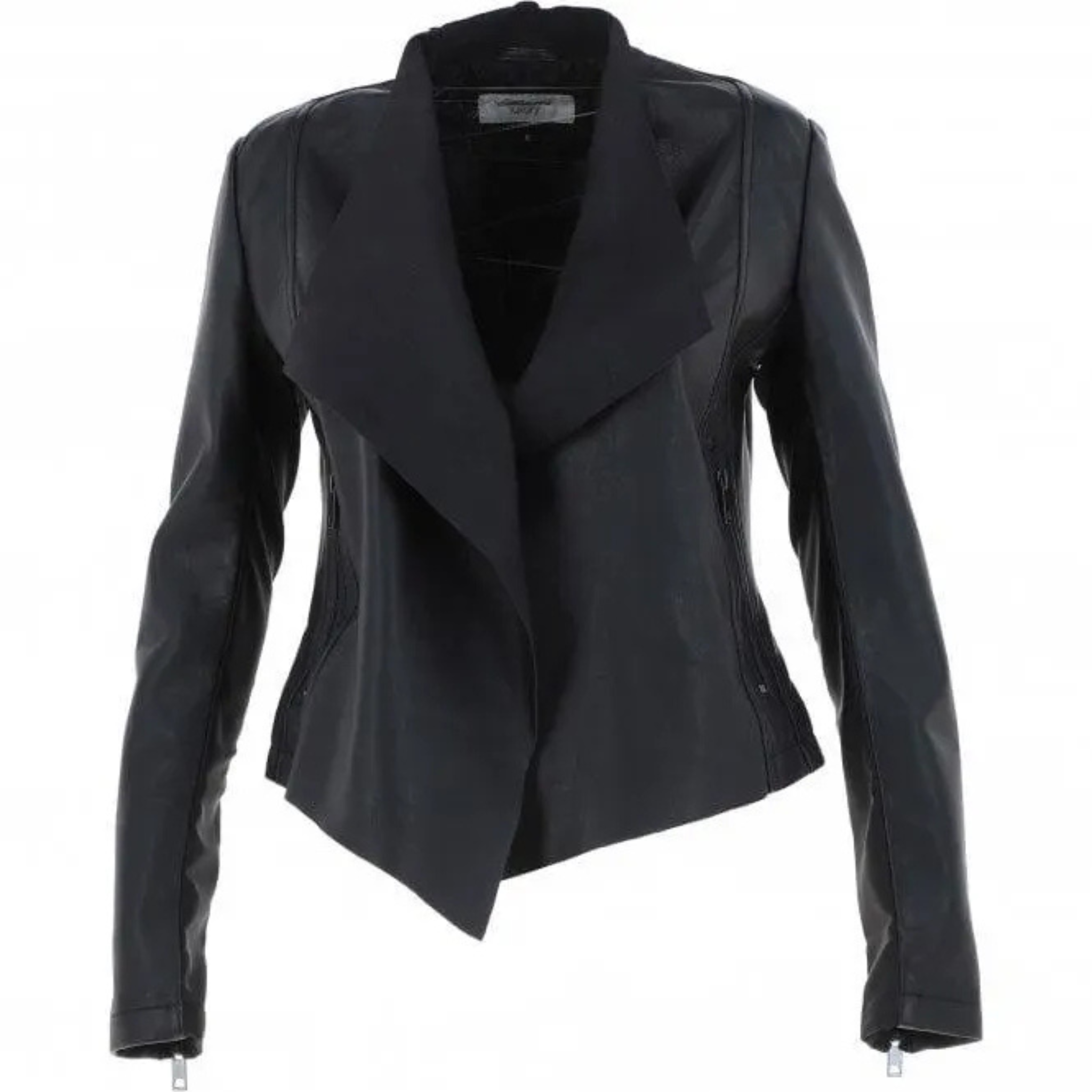 black waterfall leather jacket women style front view