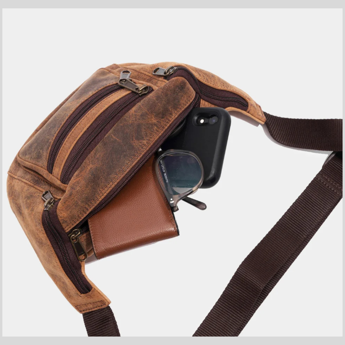 Genuine cowhide leather waist bag with front zipper pocket