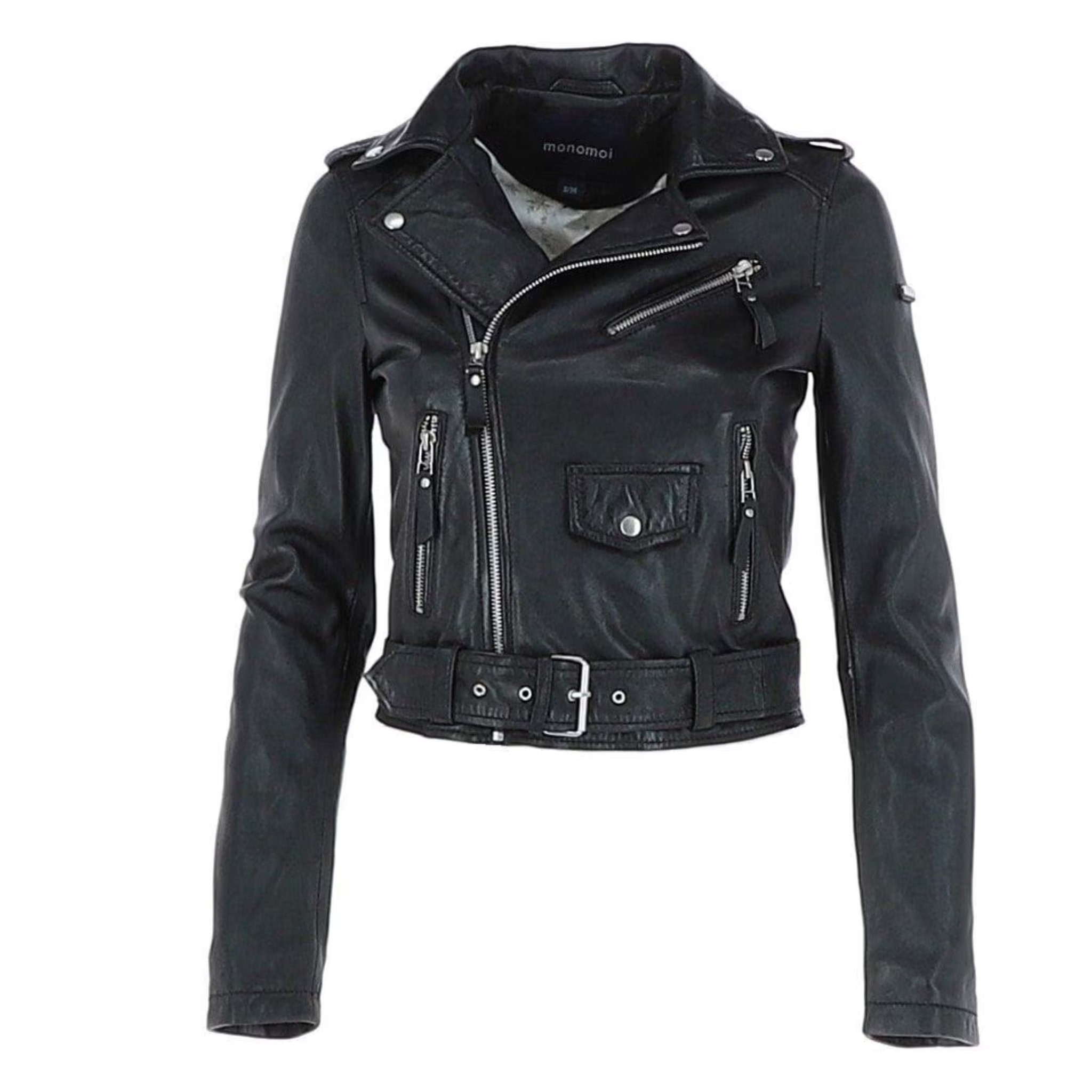 women black leather biker jacket real sheepskin front view
