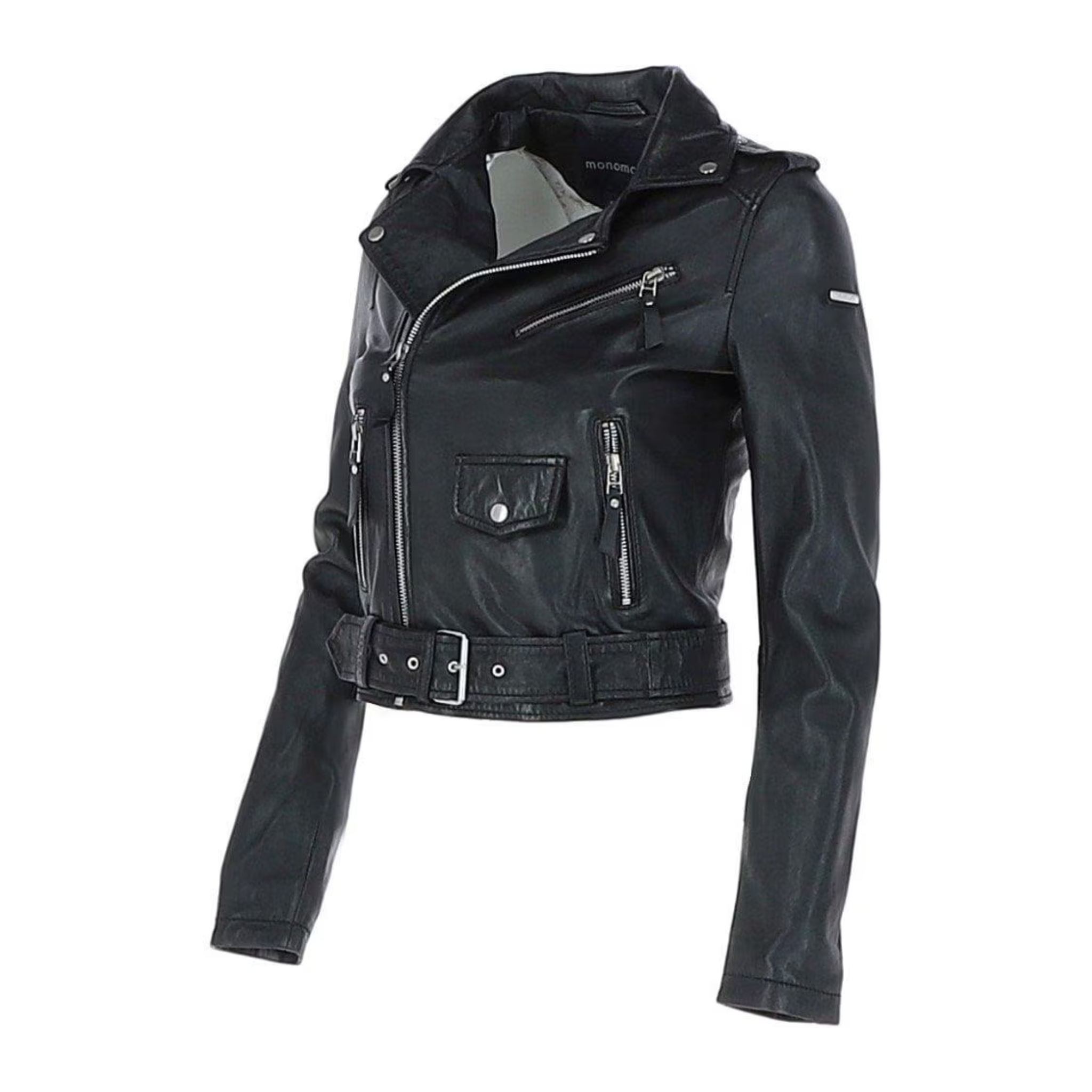 women black leather biker jacket slim fit side view