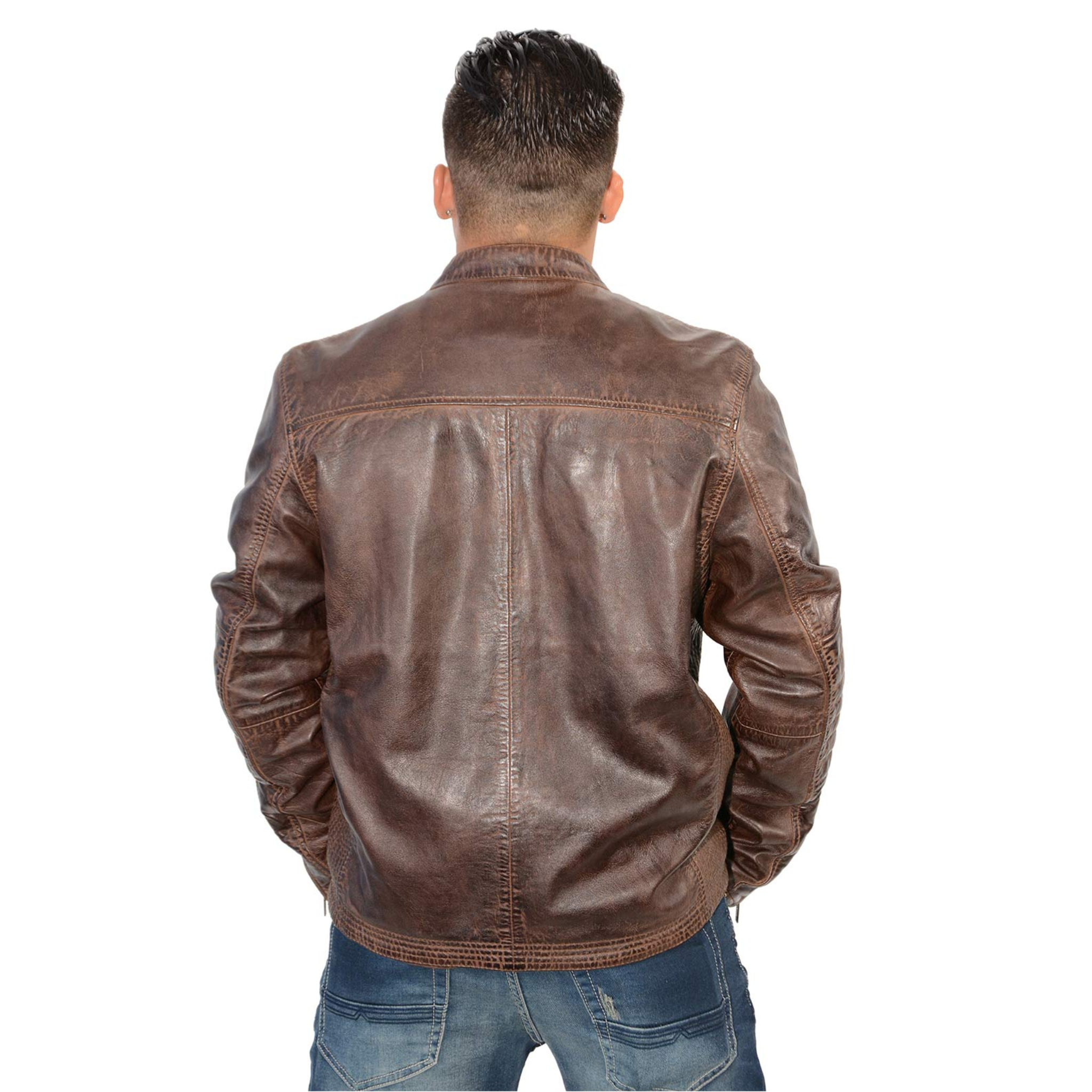 men’s brown lambskin leather jacket back view premium leather finish