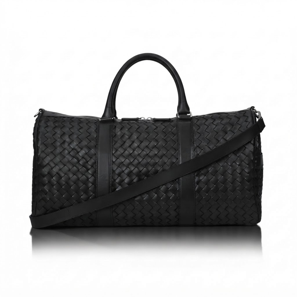 Black Intrecciato Full-Grain Cowhide Leather Weekender Duffle Bag