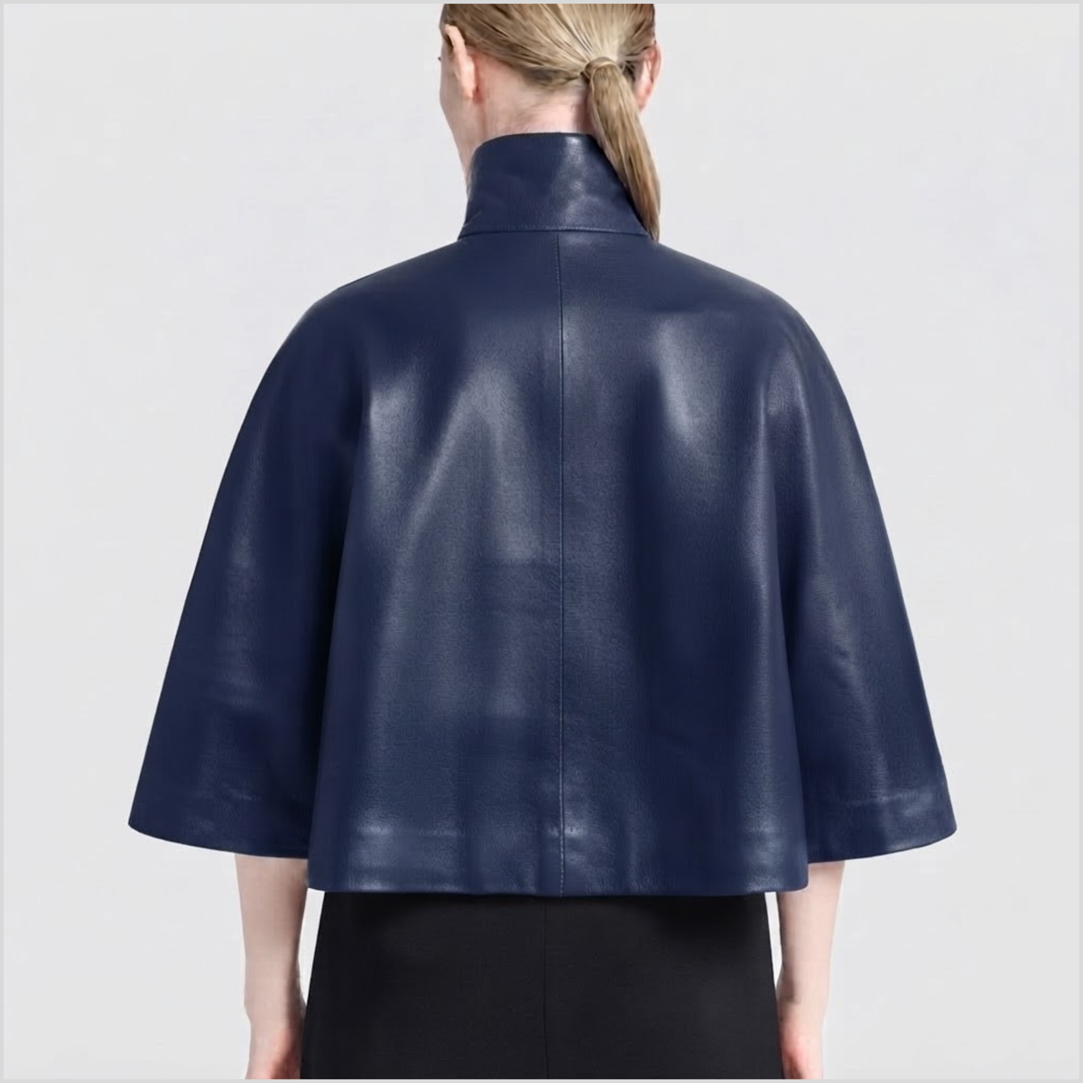 Women's Navy Blue Leather Cape – Genuine Lambskin Capelet with High Collar