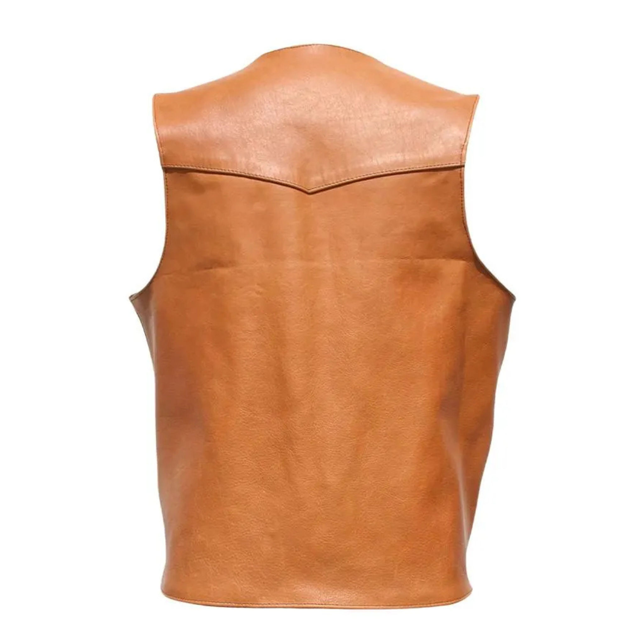 Back View of men’s brown Western leather vest with classic button closure