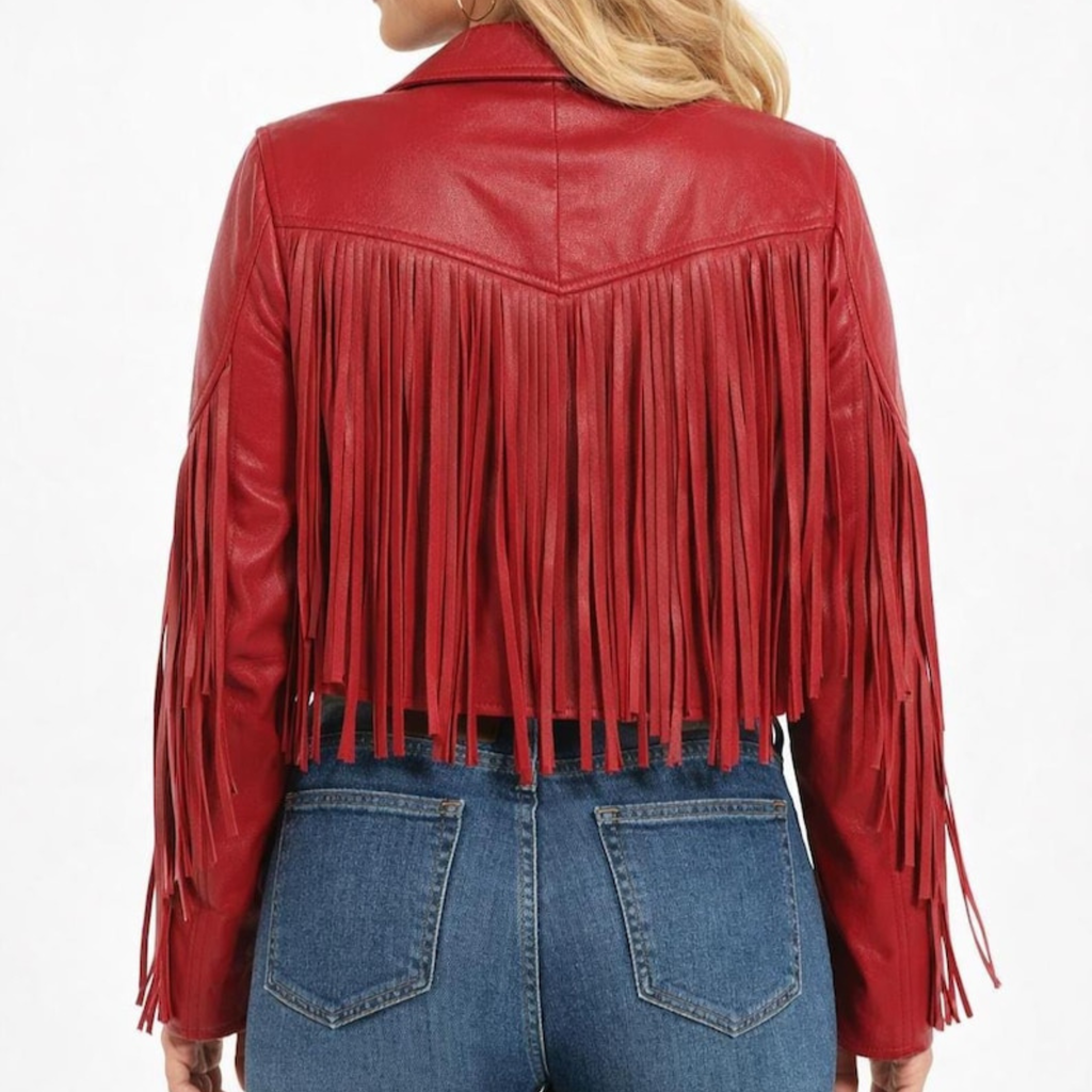 Womens Red Fringe Leather Jacket back view