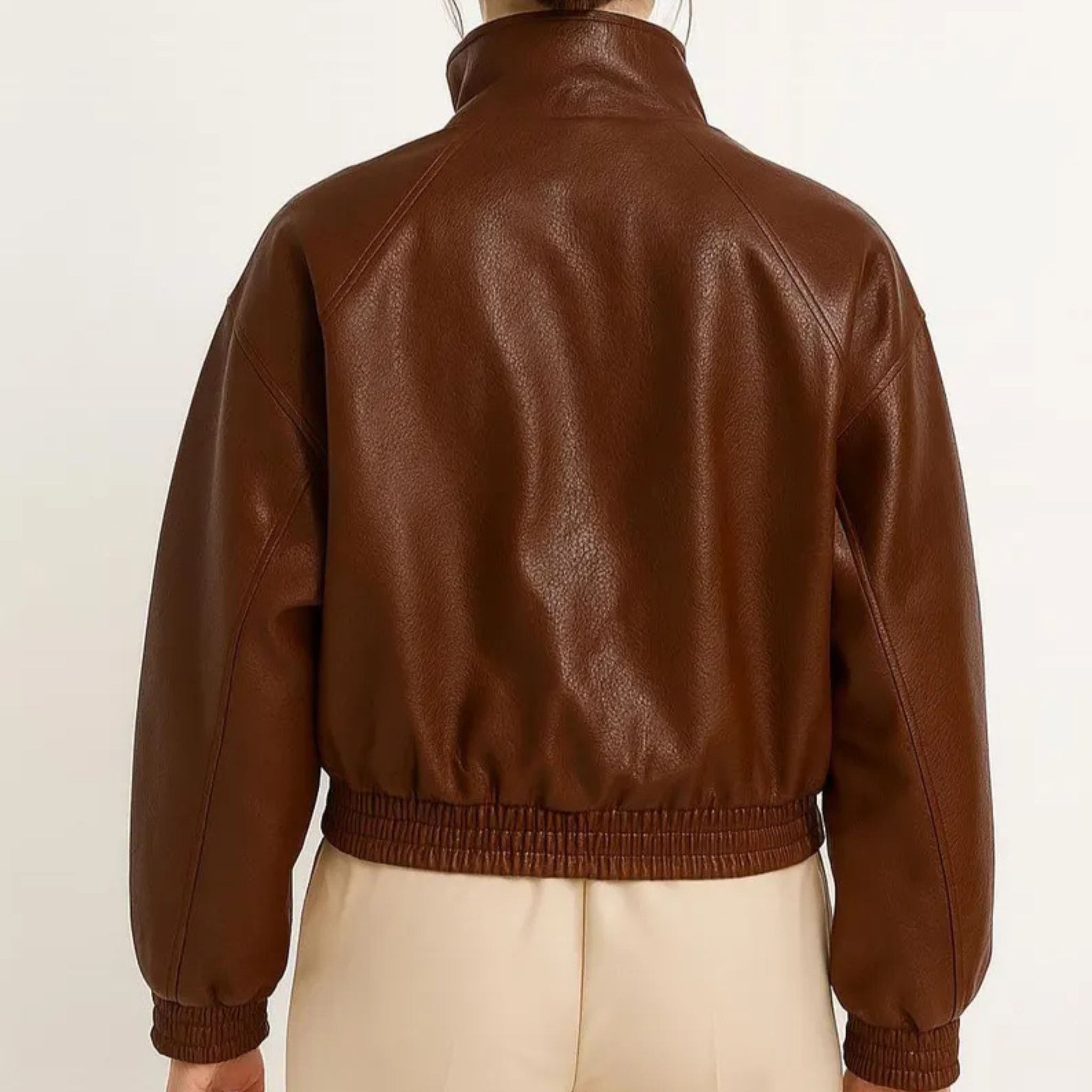 Womens Brown Genuine Sheepskin Leather Bomber Jacket back view