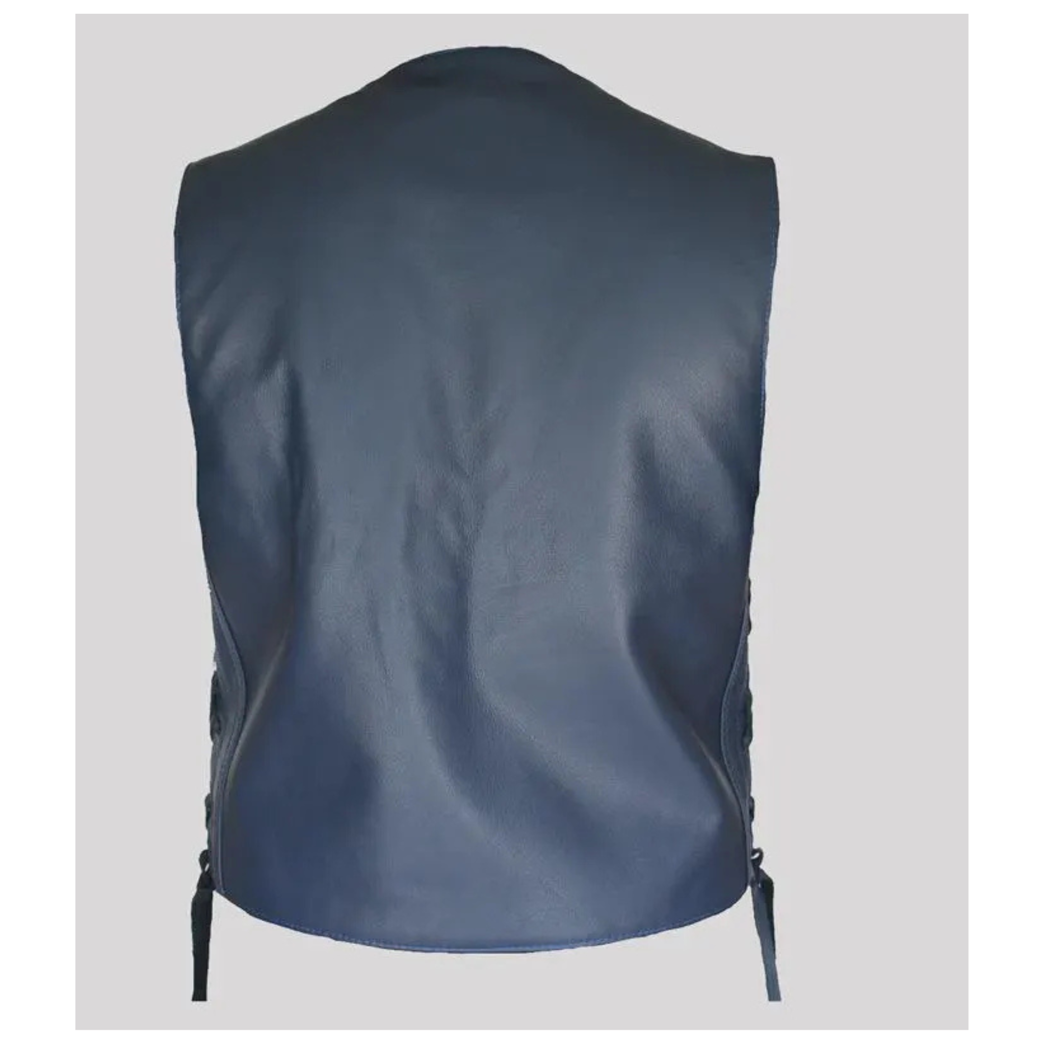 Navy blue leather cruiser vest back view