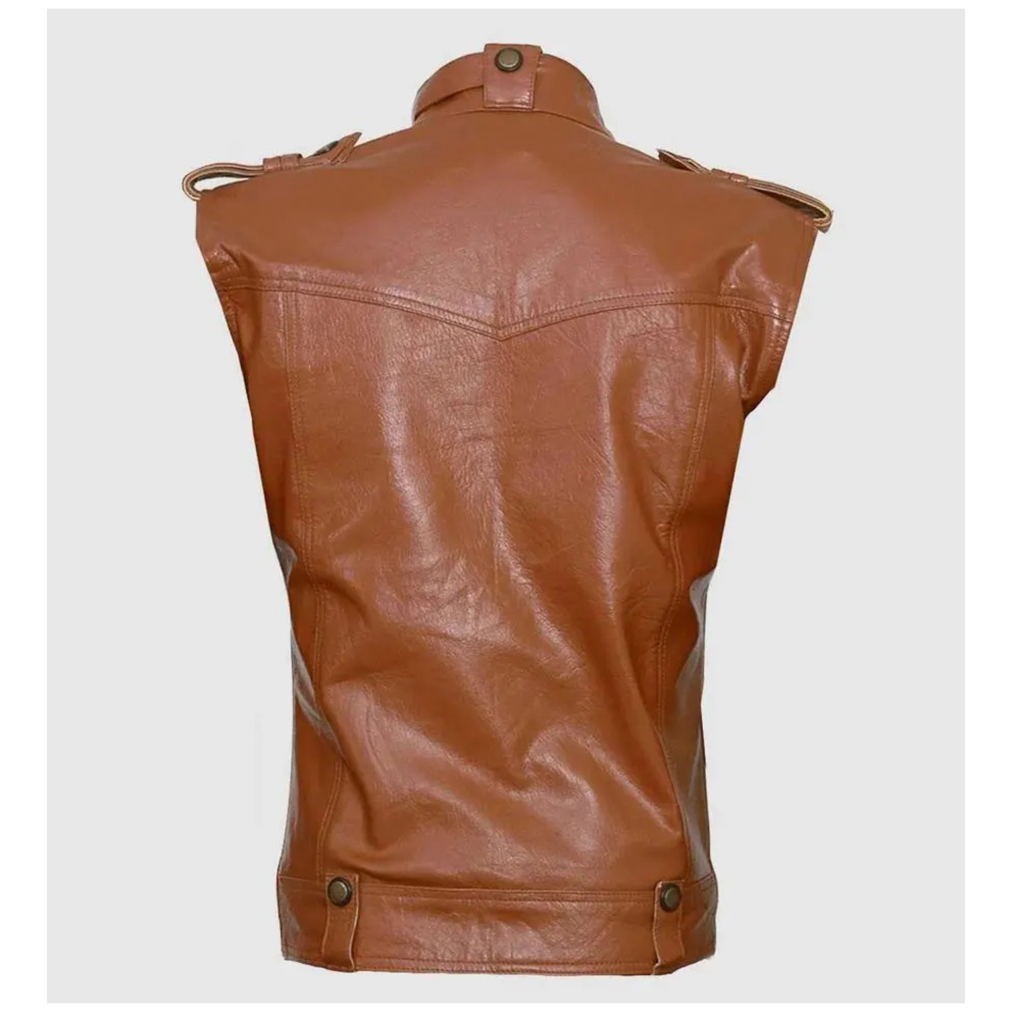 Back view of men’s tan leather biker vest with YKK zip closure