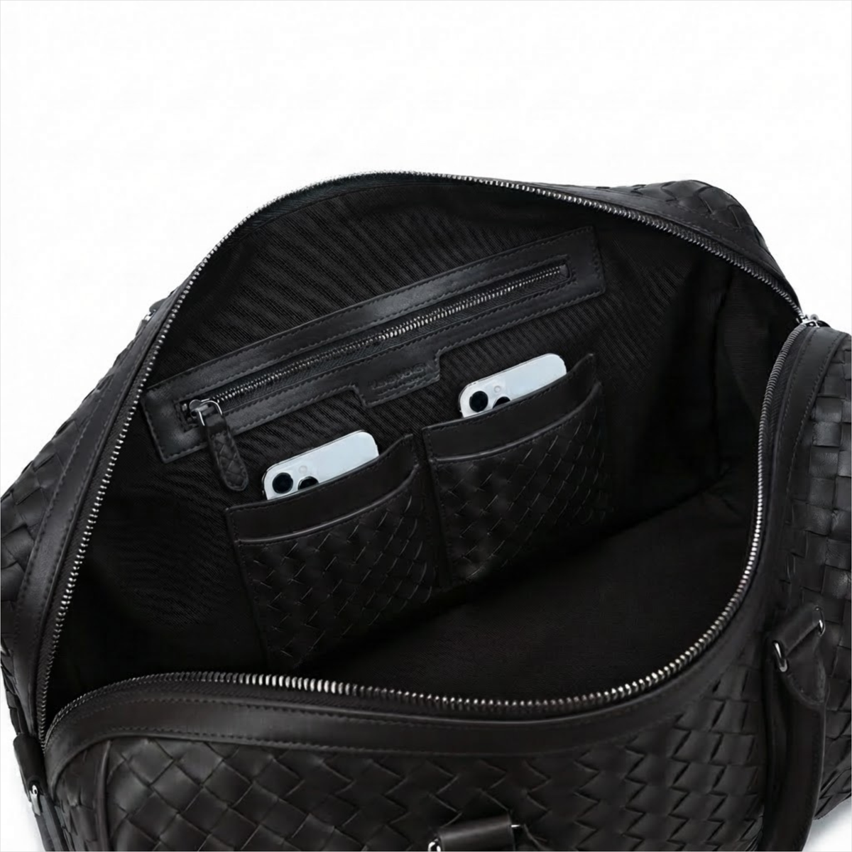Black Intrecciato Full-Grain Cowhide Leather Weekender Duffle Bag