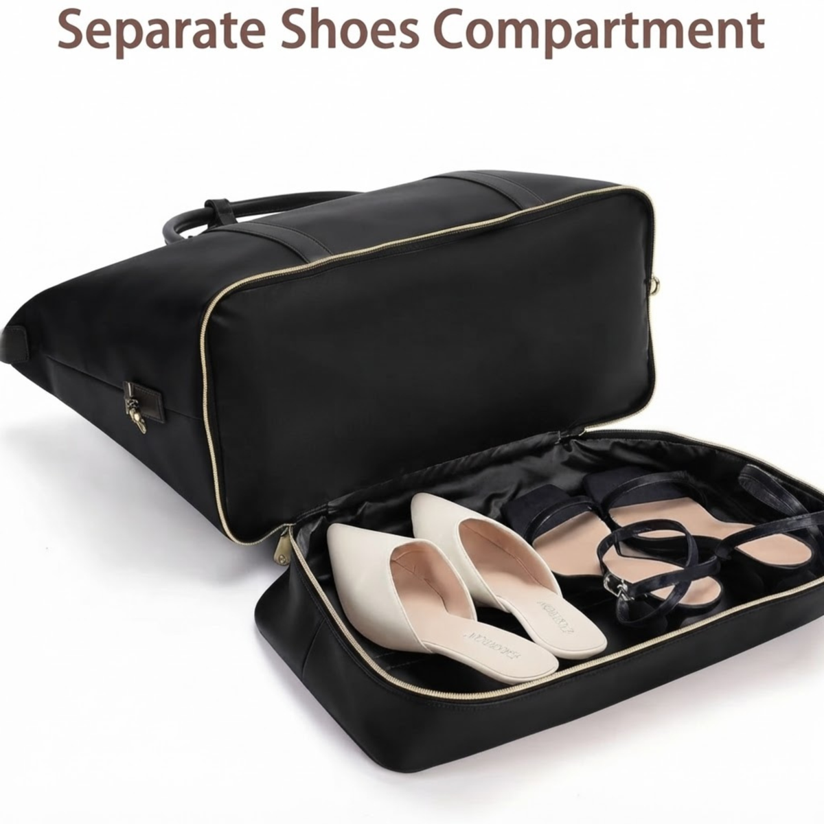 Women's Black Cowhide Leather Weekender Bag with Shoe Compartment