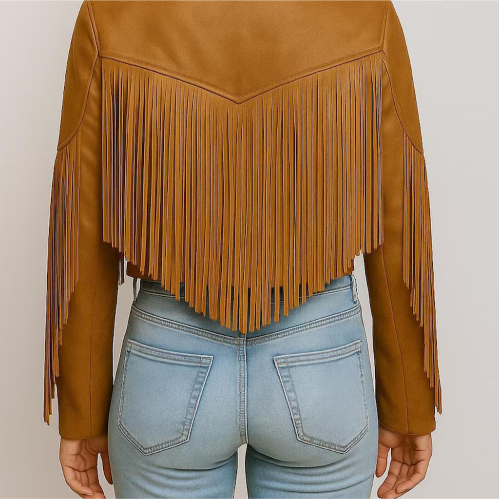 Womens Brown Fringe Leather Jacket  back view