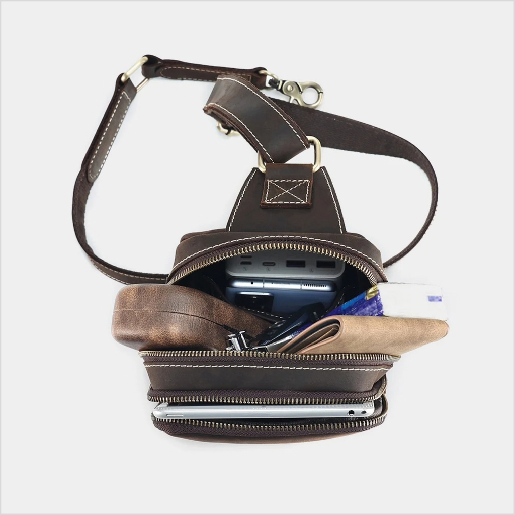 Men's Dark Brown Genuine Leather Sling Bag – Premium Cowhide Crossbody & Travel Bag