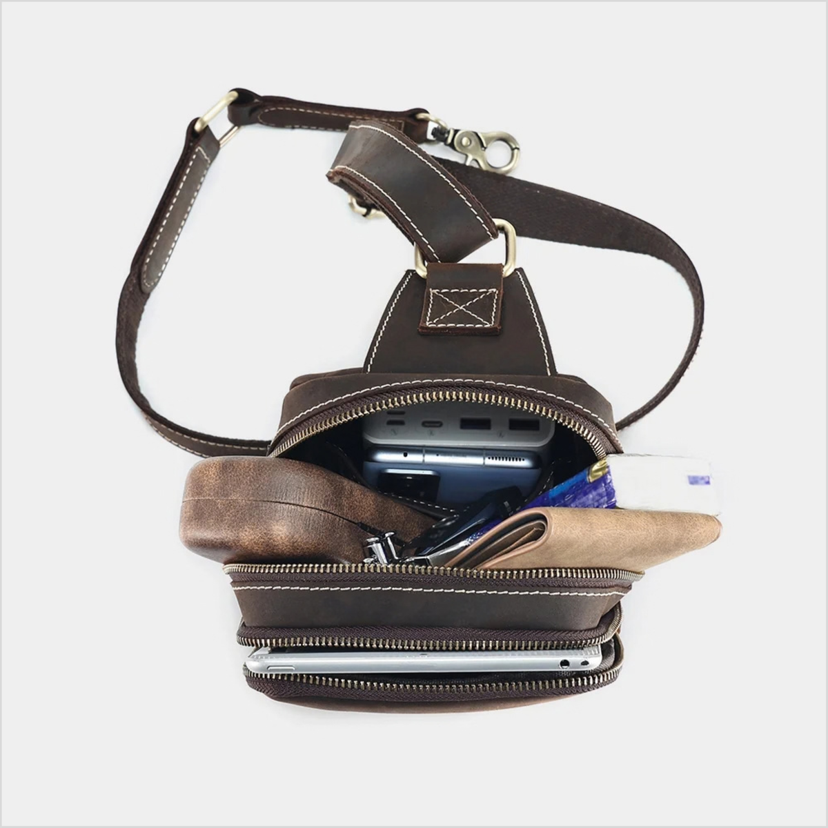 Men's Dark Brown Genuine Leather Sling Bag – Premium Cowhide Crossbody & Travel Bag