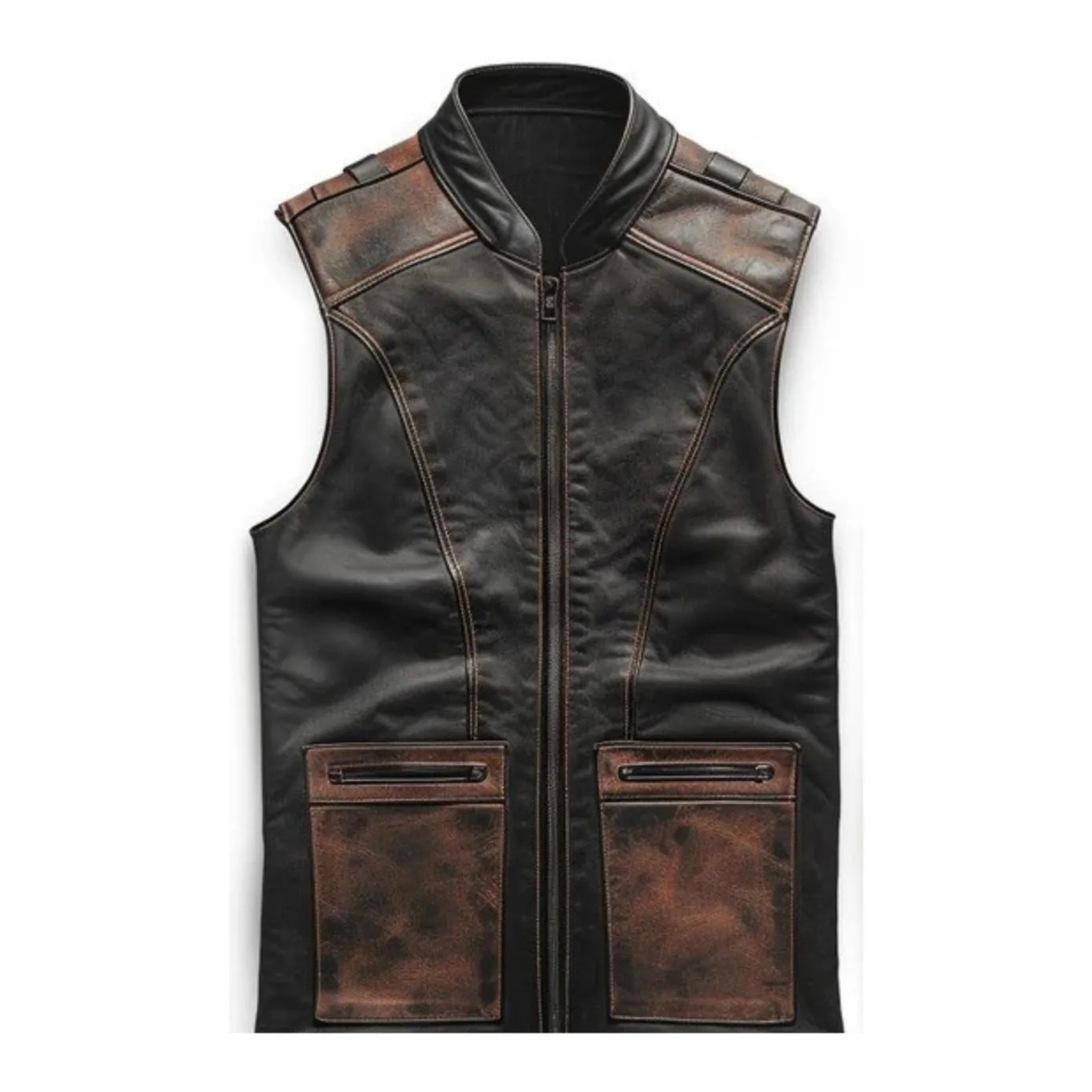 Men’s brown black distressed leather motorcycle vest front view