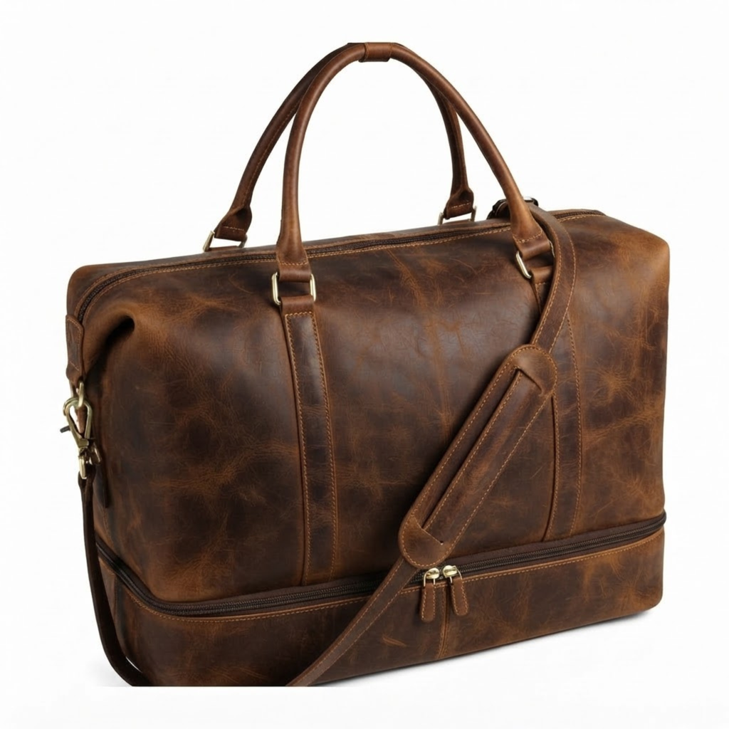 Vintage Brown Cowhide Leather Weekender Bag for Women | Overnight Travel Duffle with Shoe Compartment