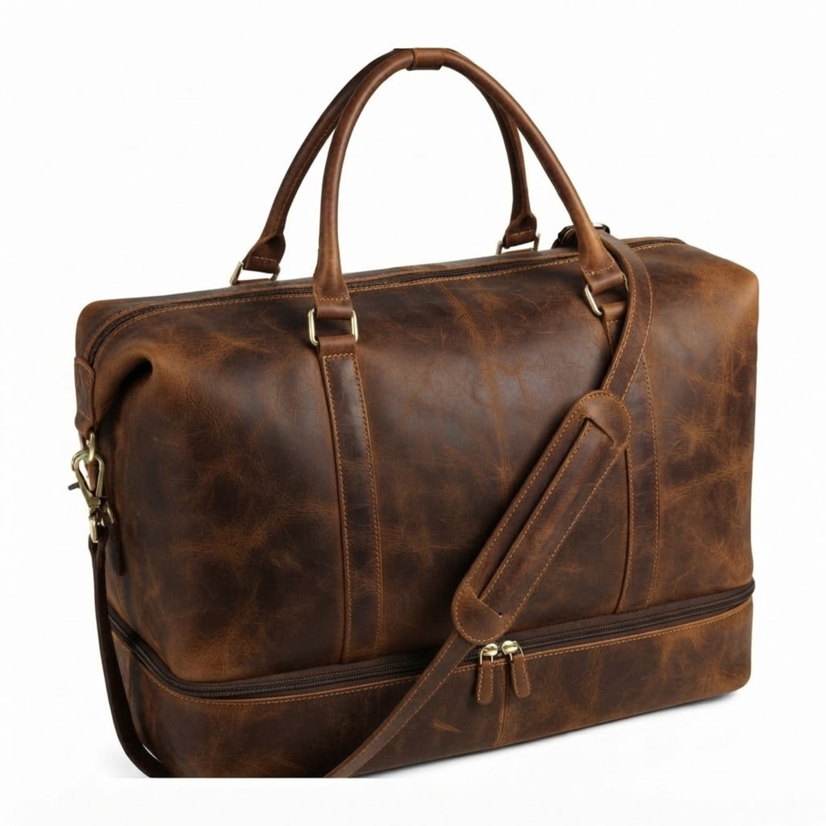 Vintage Brown Cowhide Leather Weekender Bag for Women | Overnight Travel Duffle with Shoe Compartment