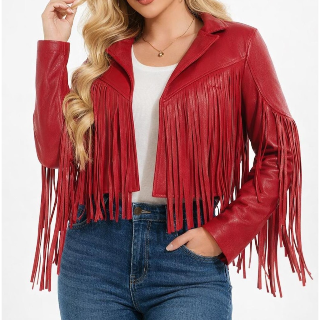 Womens Red Fringe Leather Jacket front view