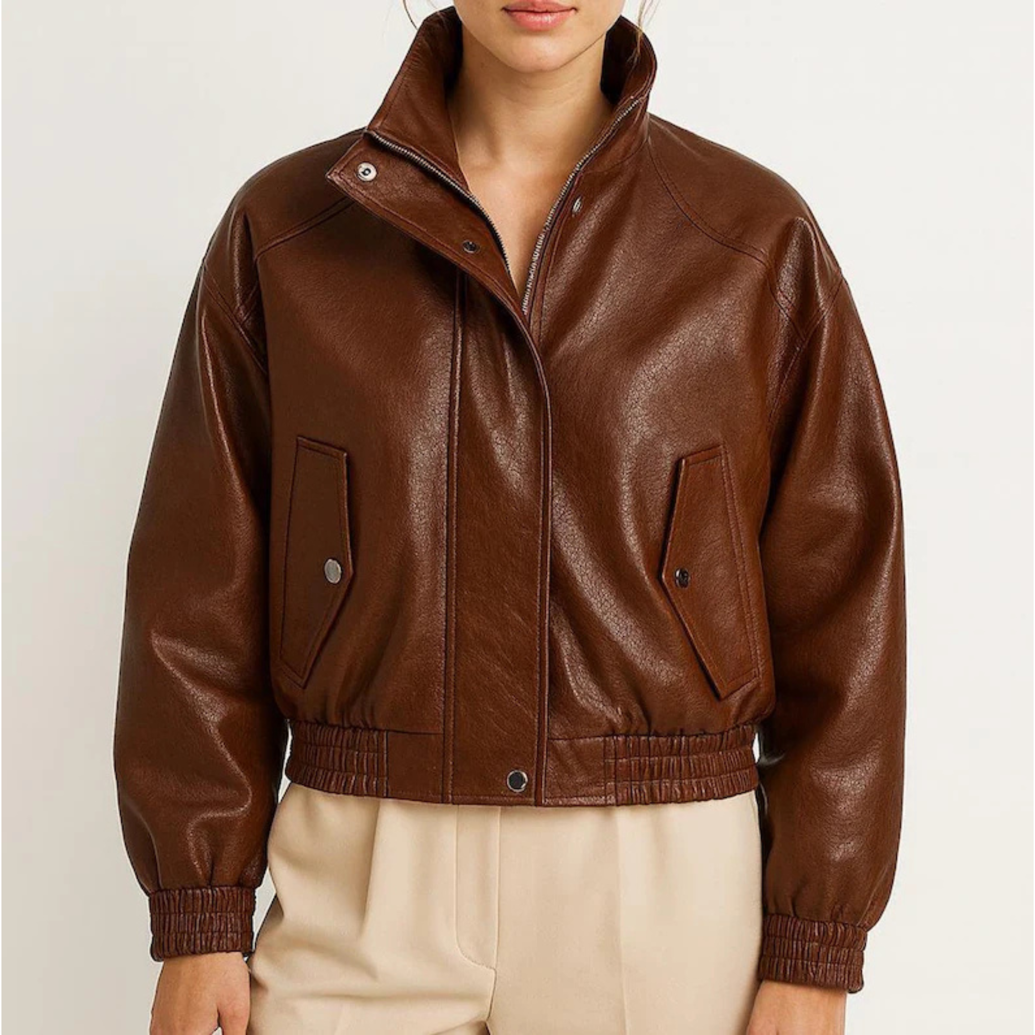 Womens Brown Genuine Sheepskin Leather Bomber Jacket front view