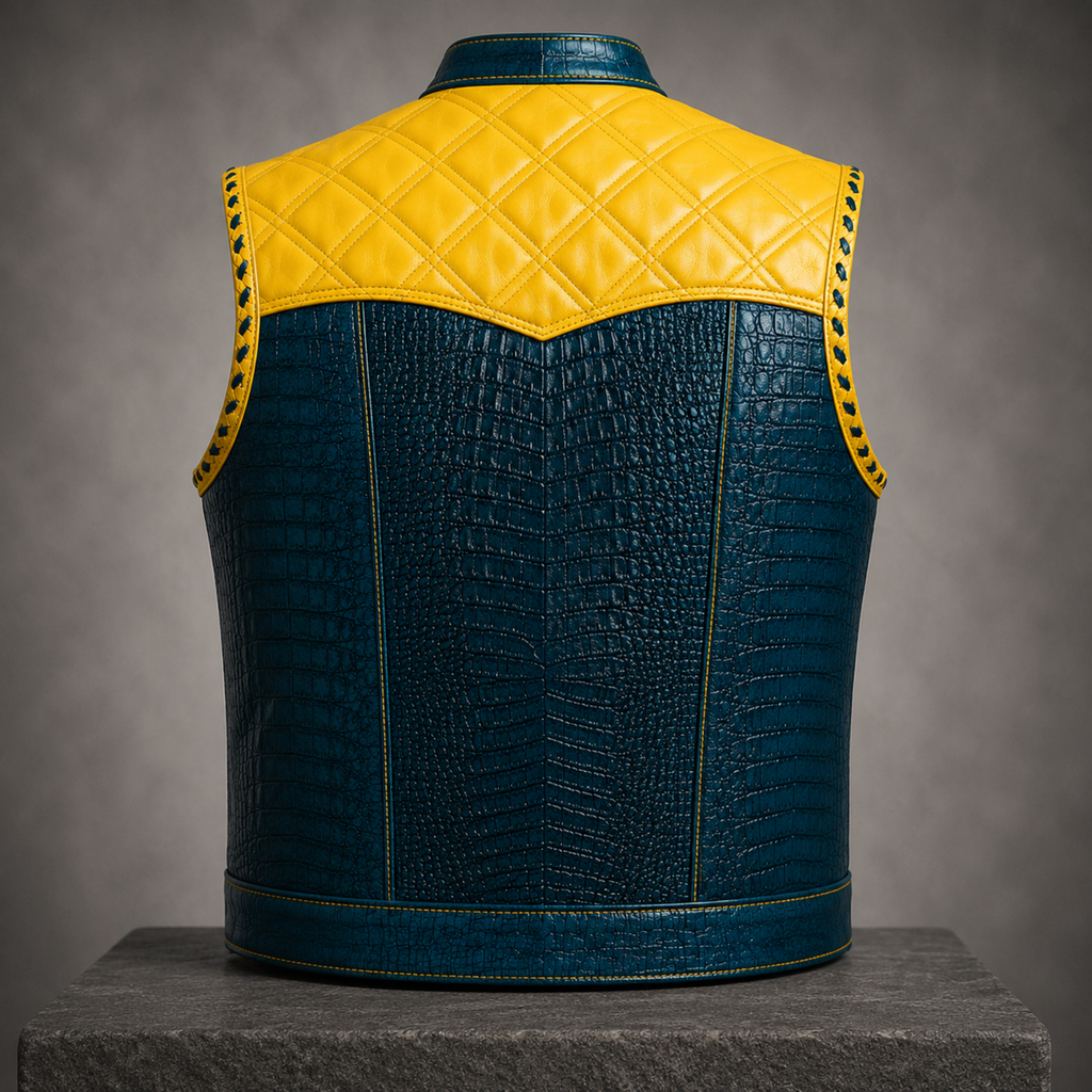Men's Crocodile Embossed Cowhide Leather Motorcycle Vest back view