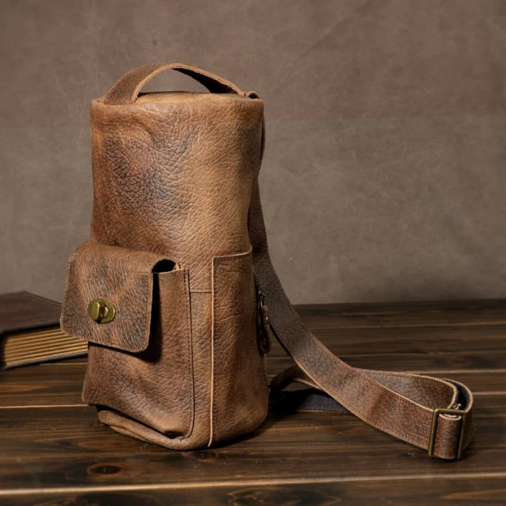 Men's Full Grain Cowhide Barrel Bag- Elephant Brown Vintage Motorcycle Sling Bag