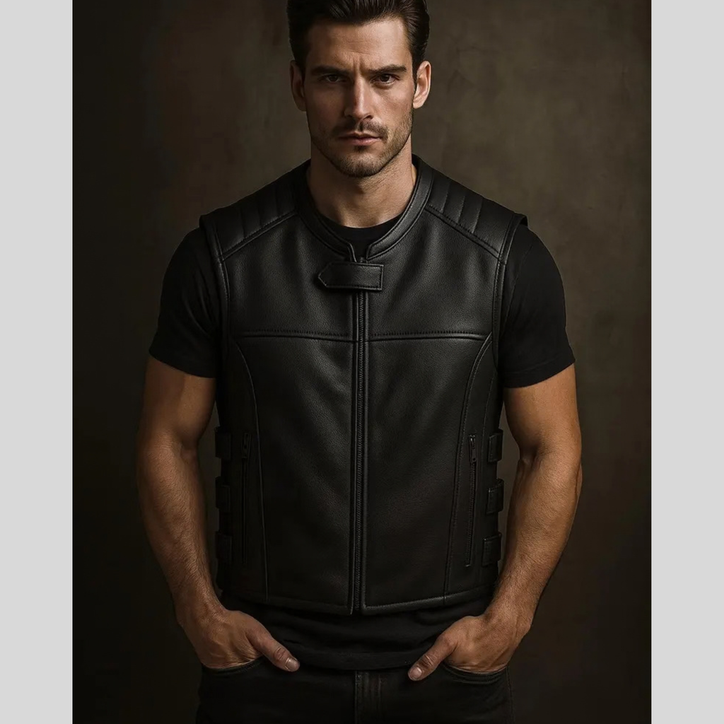Men's Black Sheepskin Leather Biker Vest | Motorcycle Waistcoat