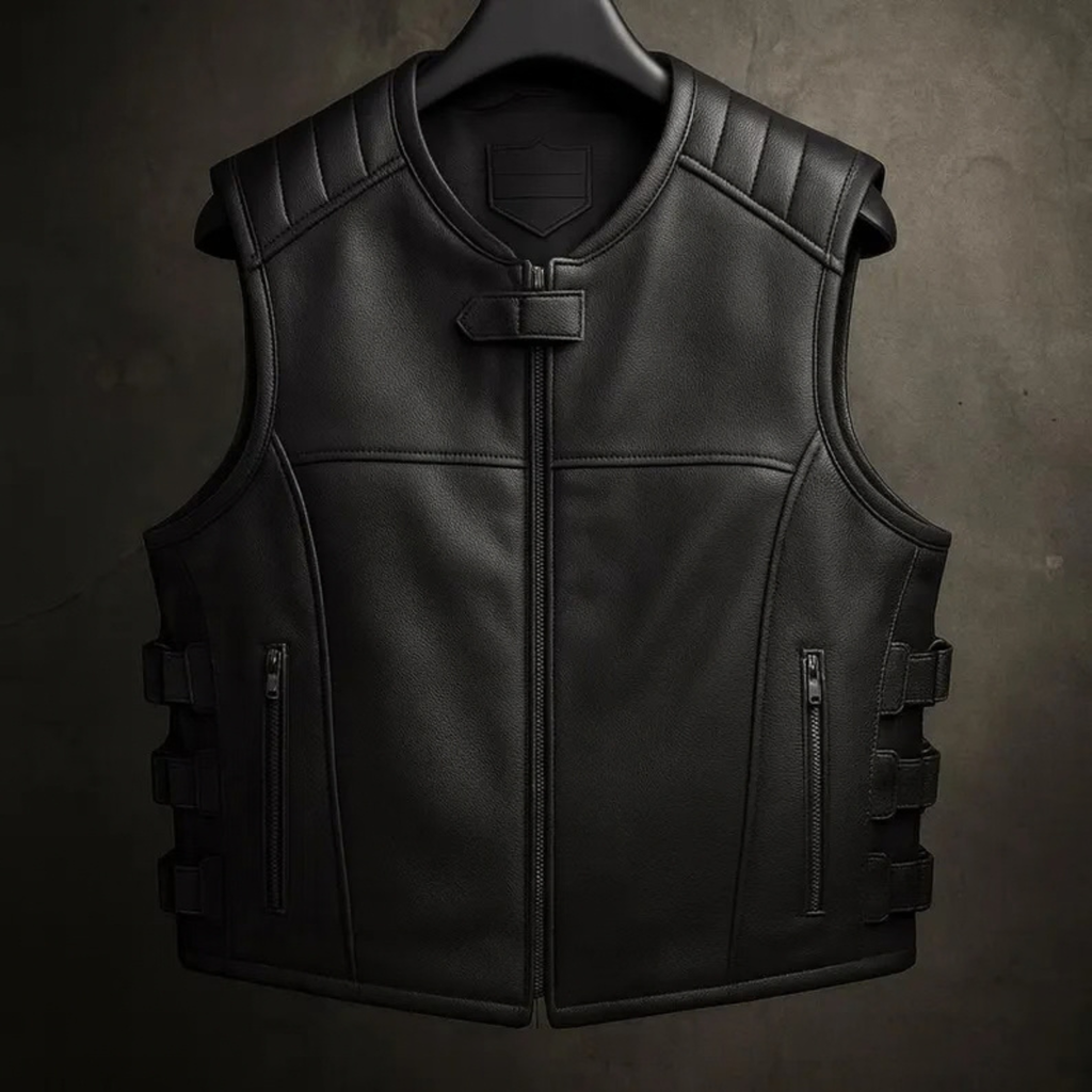 Men's Black Sheepskin Leather Biker Vest | Motorcycle Waistcoat