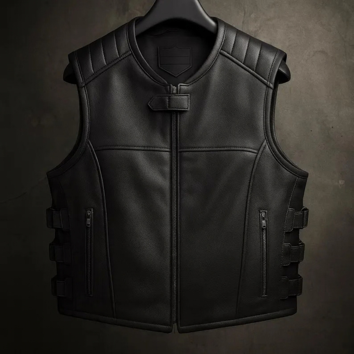 Men's Black Sheepskin Leather Biker Vest | Motorcycle Waistcoat