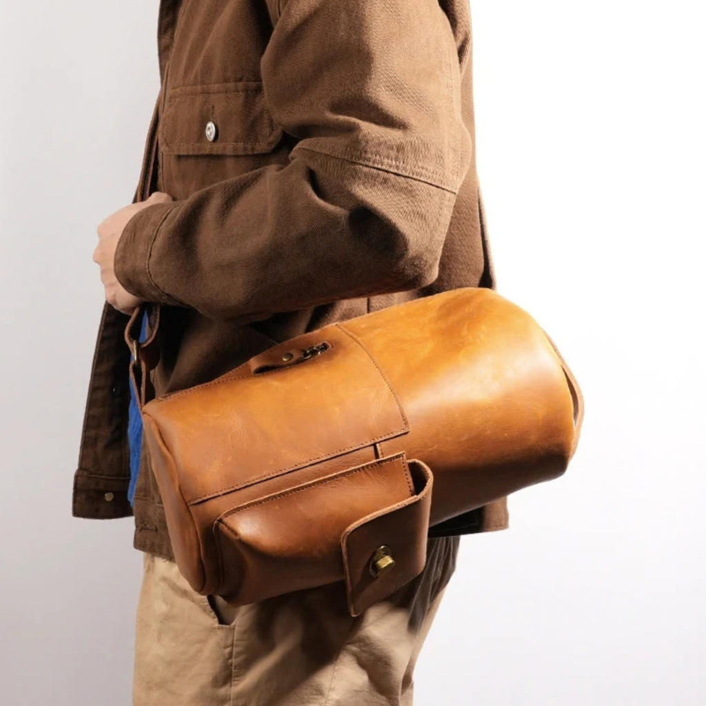 Full Grain  Cowhide Leather Round Barrel Bag – Men's Vintage Motorcycle Crossbody Sling Bag