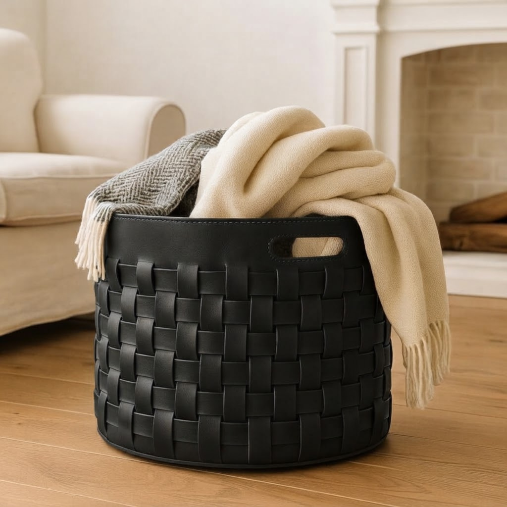Handwoven Black Full-Grain Cowhide Leather Storage Basket