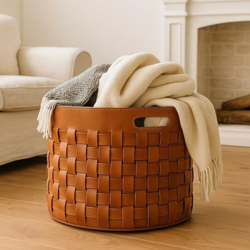 Handwoven Full-Grain Cowhide Leather Storage Basket – Luxury Home Organizer