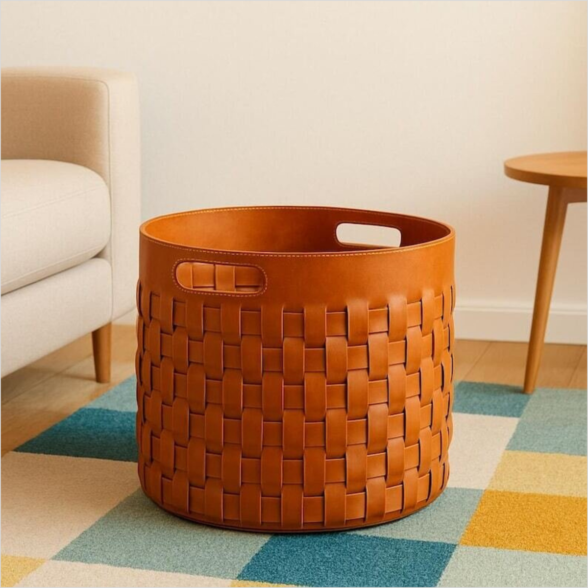 Handwoven Full-Grain Cowhide Leather Storage Basket – Luxury Home Organizer