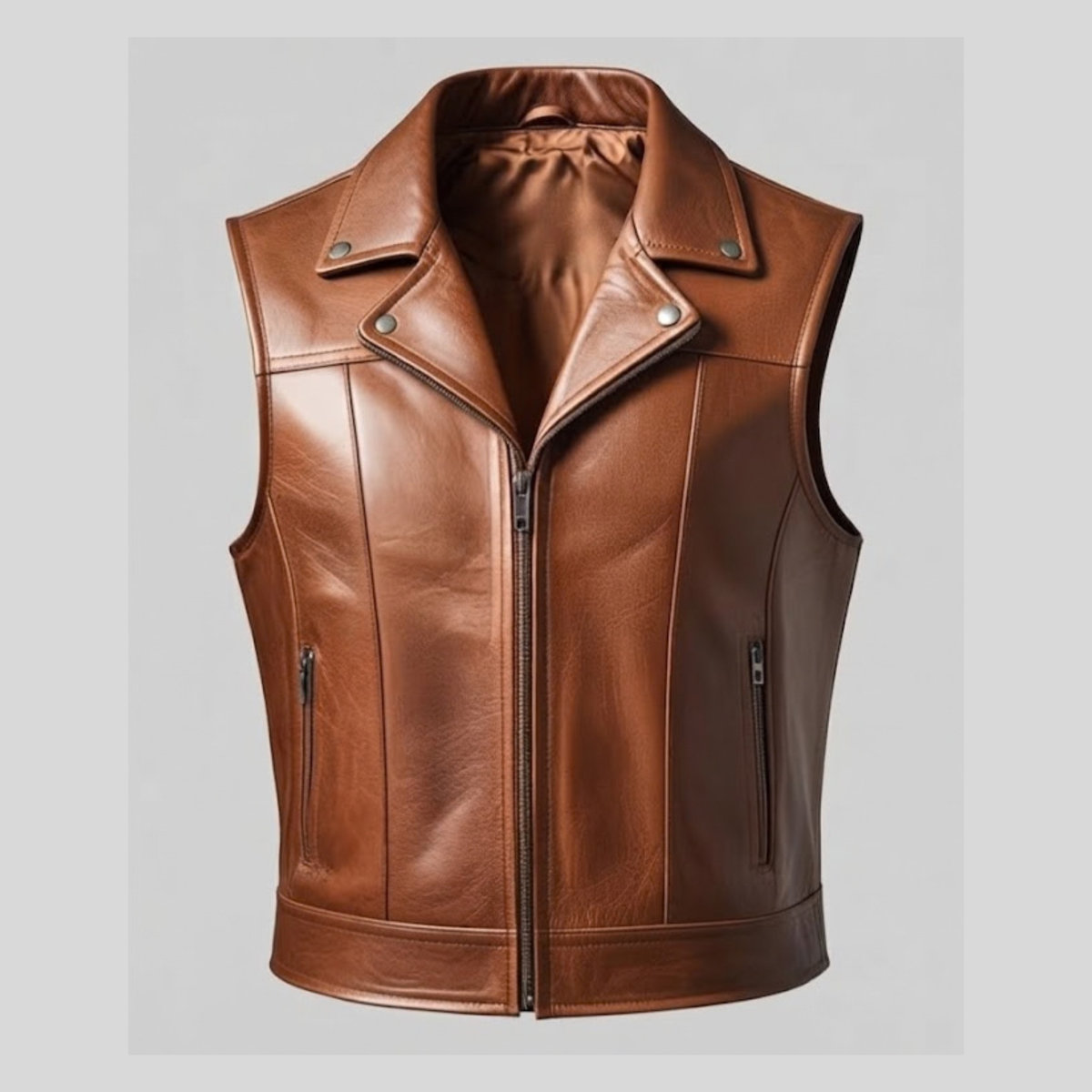 Men's Real Sheepskin Leather Biker Vest, Brown Sleeveless Motorcycle Waistcoat for Men