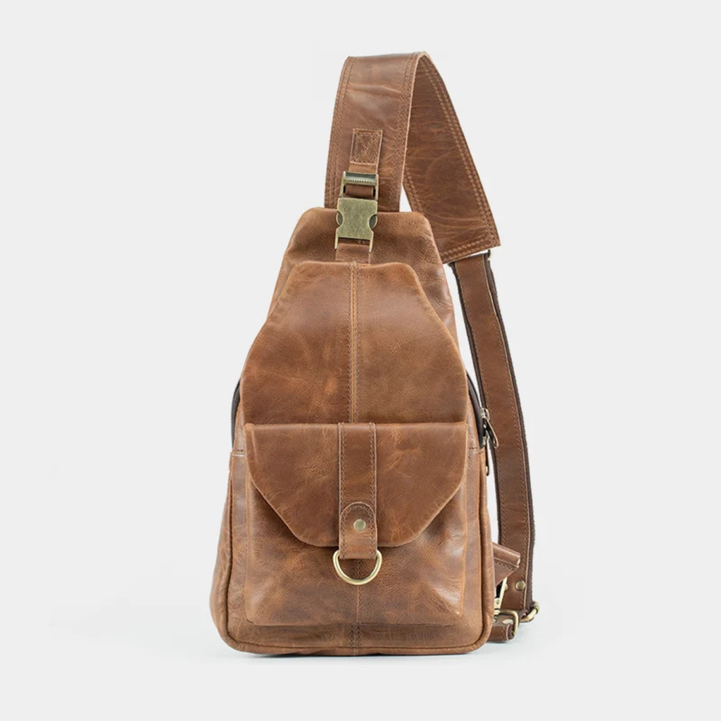Light brown leather crossbody bag front view