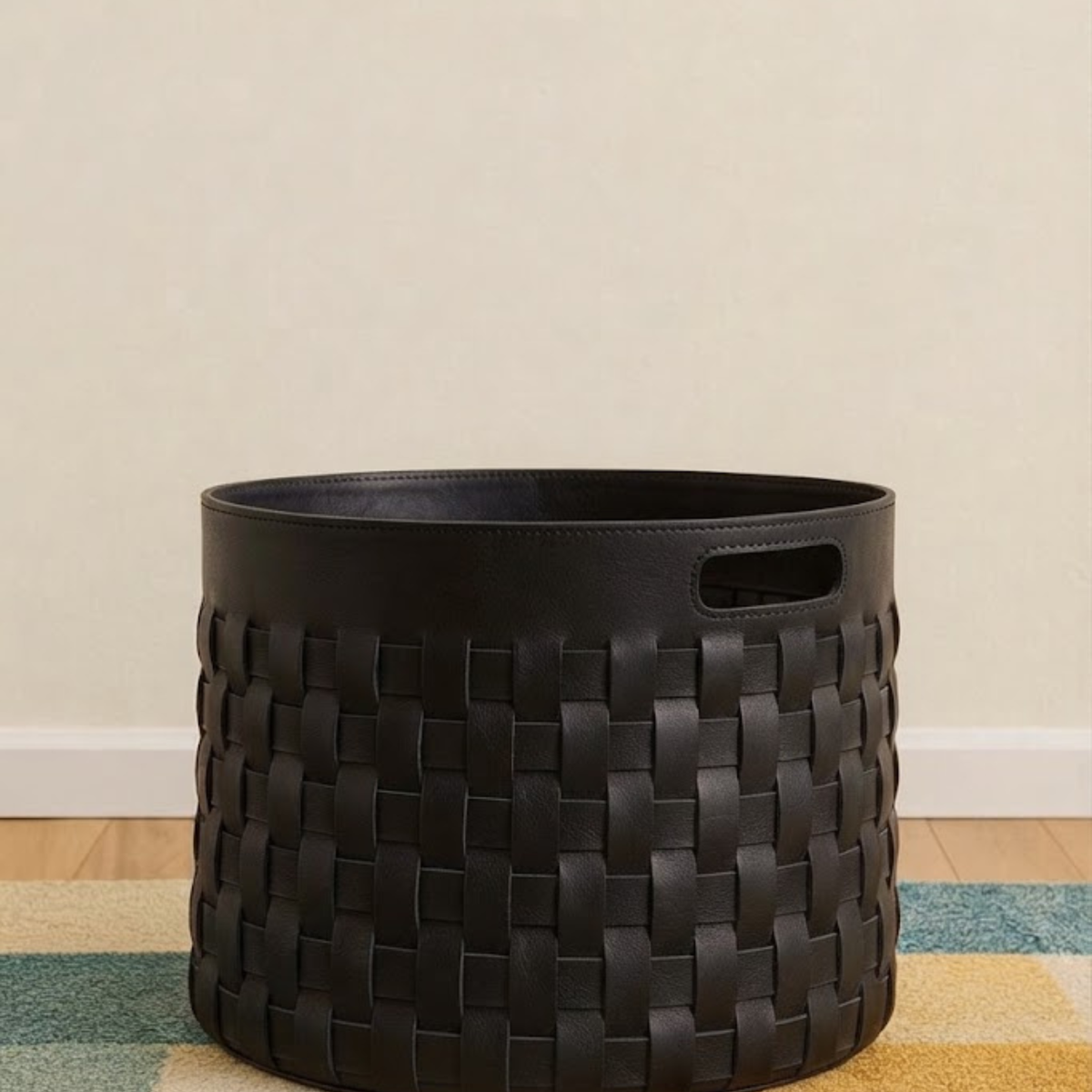 Handwoven Black Full-Grain Cowhide Leather Storage Basket