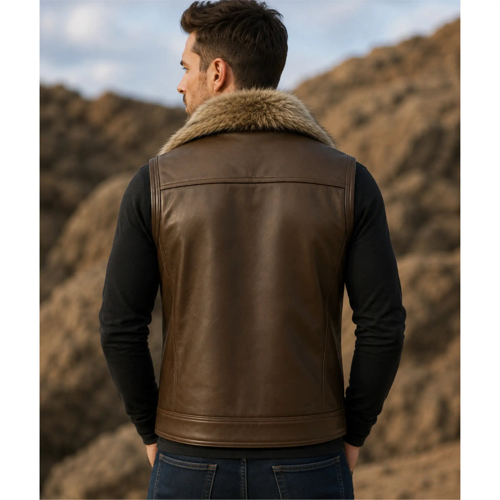 Men’s Brown Sheepskin Leather Vest back view