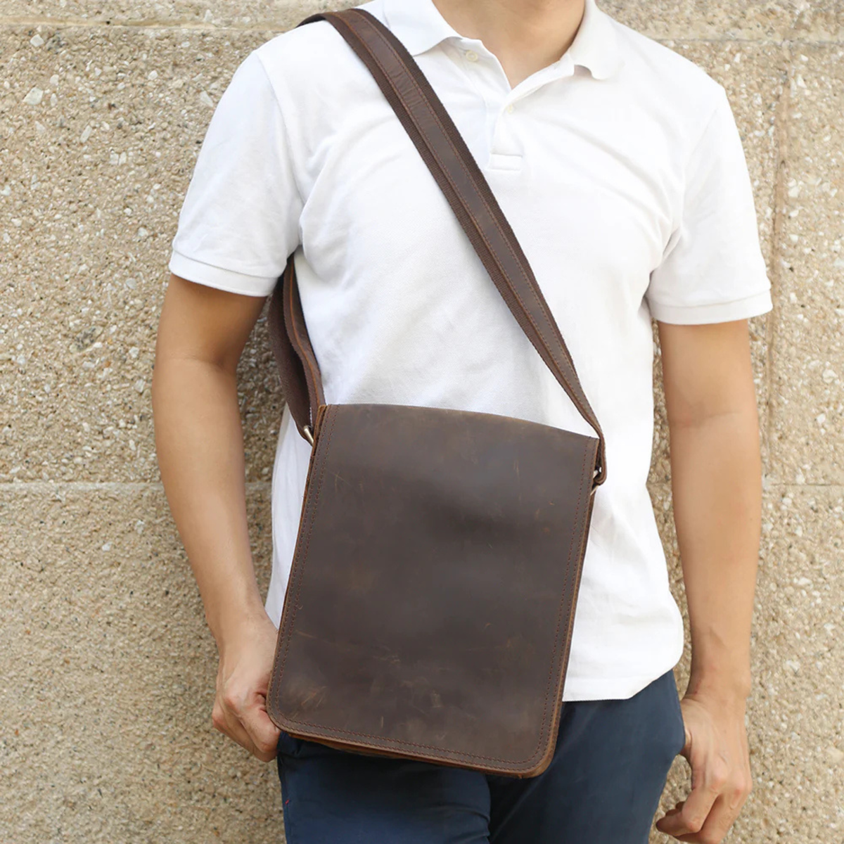  Dark Brown leather crossbody bag worn over the shoulder