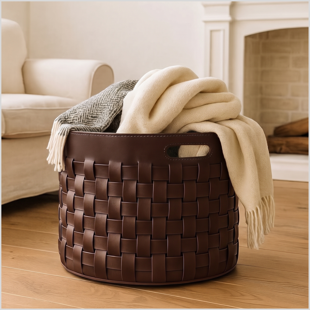 Dark Brown Handwoven Full-Grain Leather Storage Basket