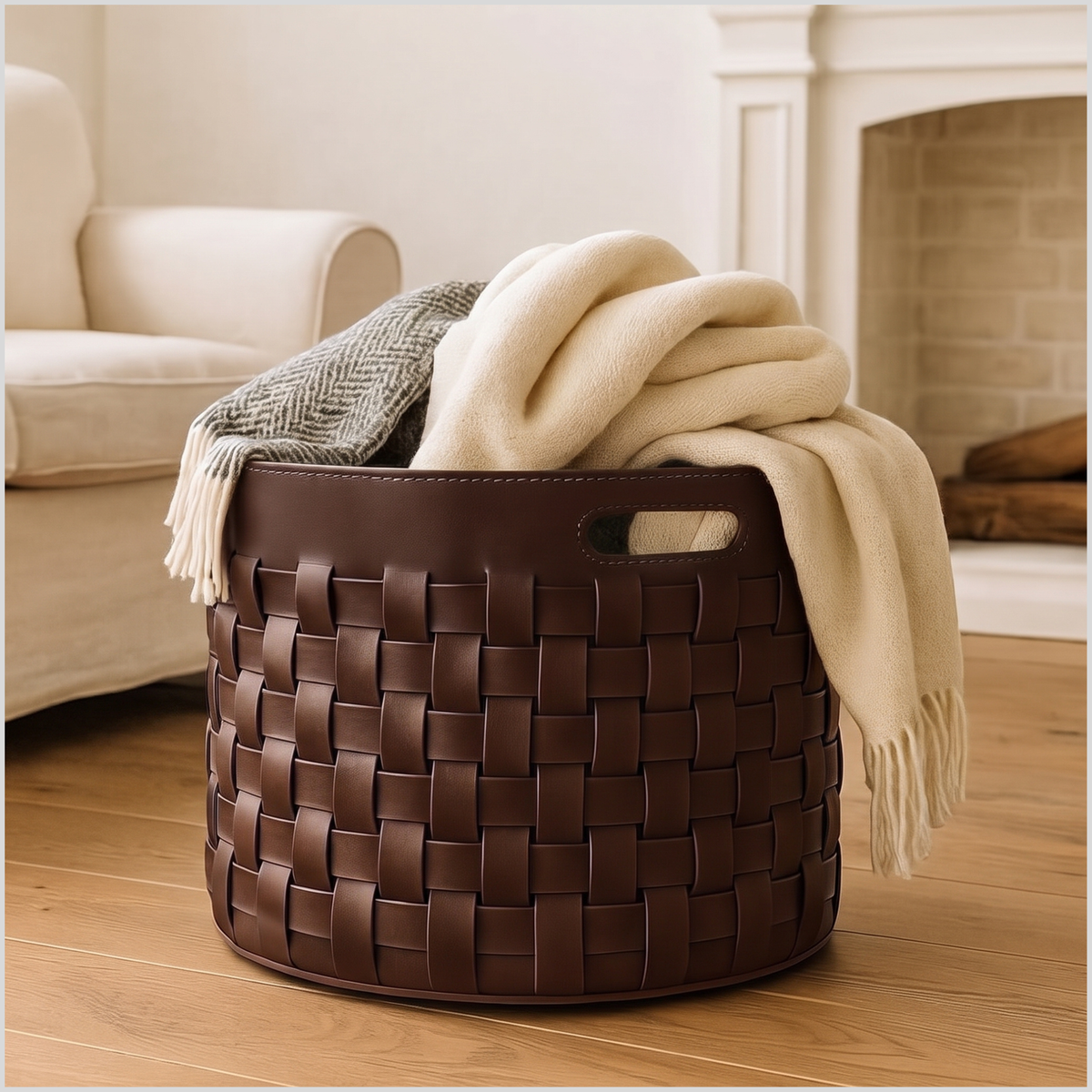 Dark Brown Handwoven Full-Grain Leather Storage Basket