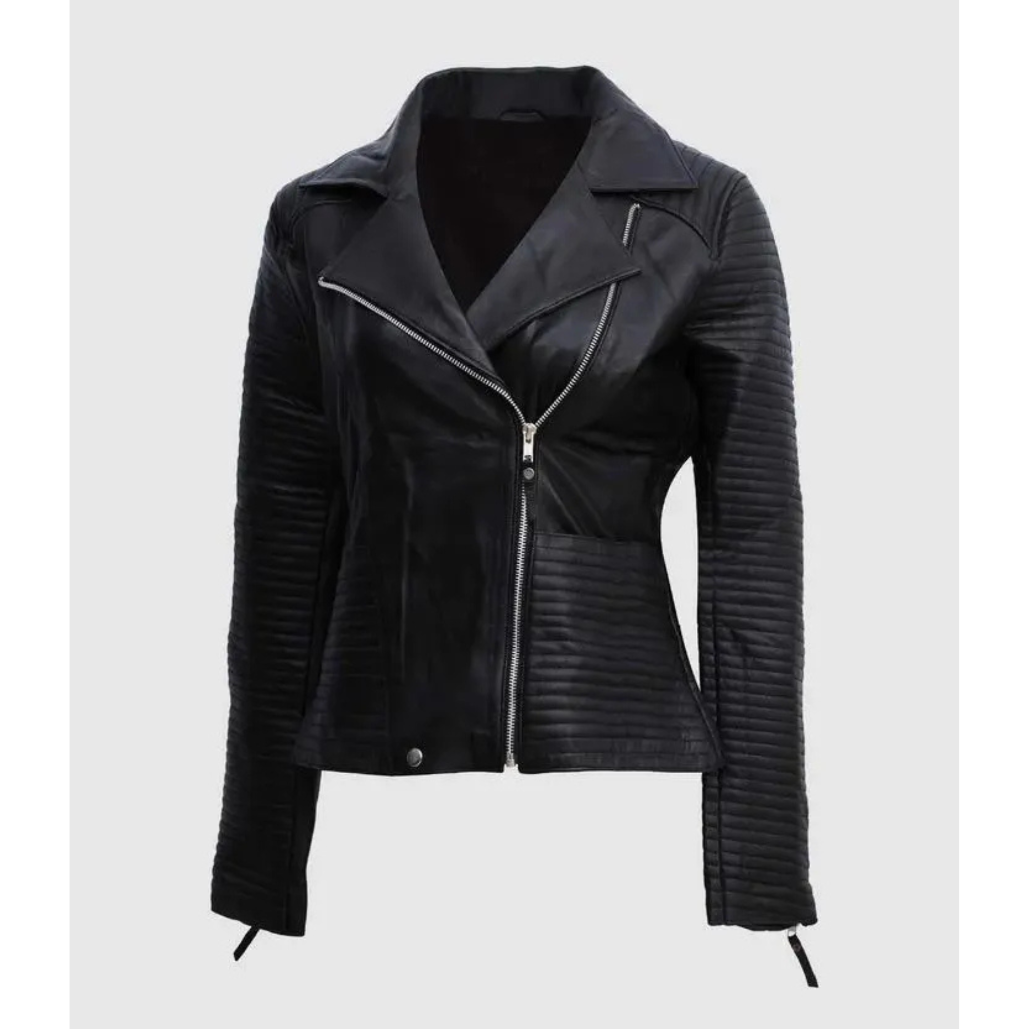 Women's Black Leather Biker Jacket - Genuine Sheepskin Draped Collar Moto Coat The Leather Syndicate