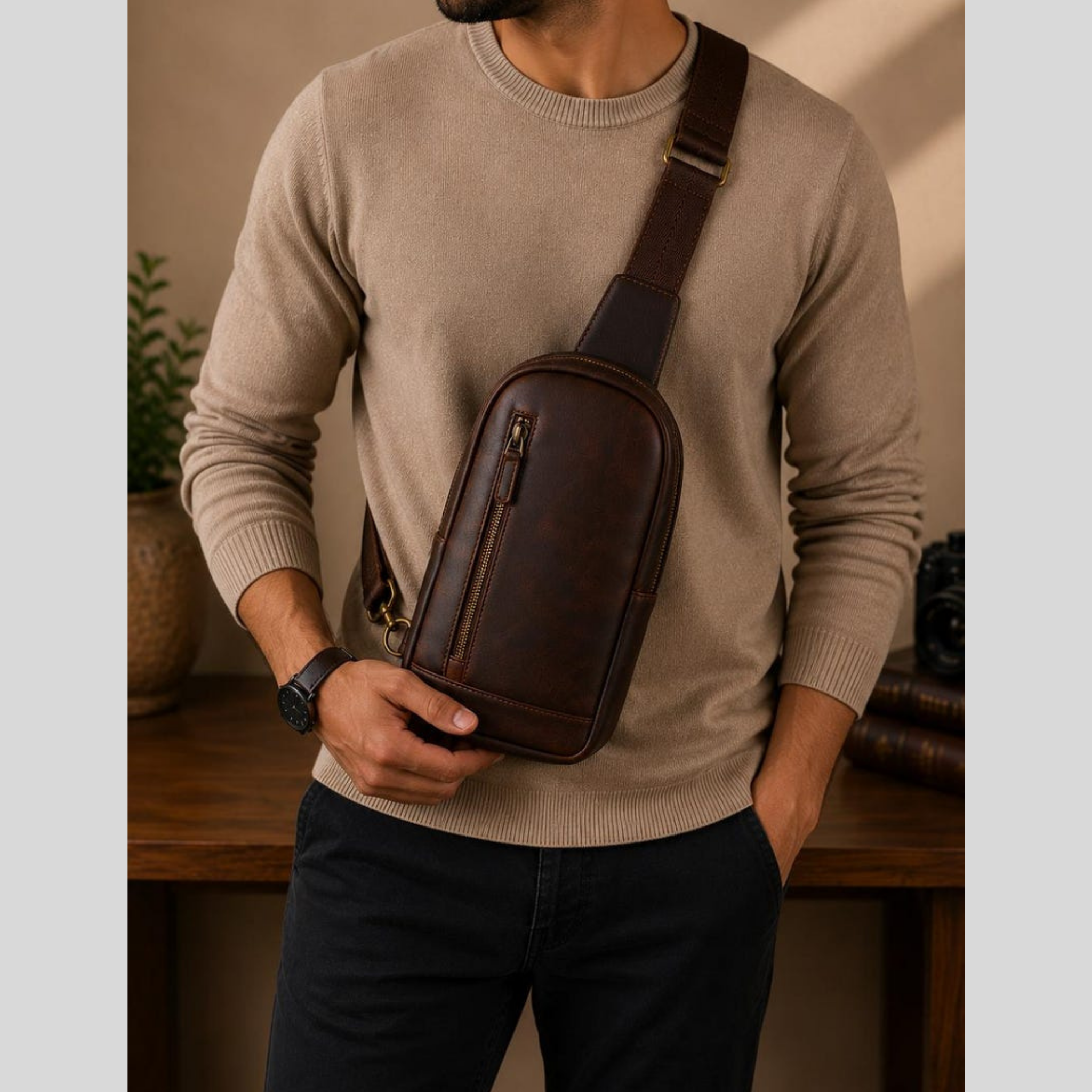 Brown leather crossbody sling bag front view