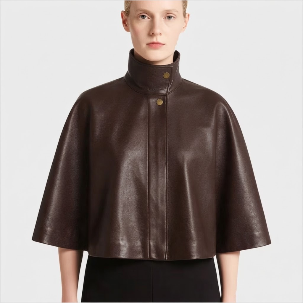 Women's Dark Brown Lambskin Leather Cape with High Collar